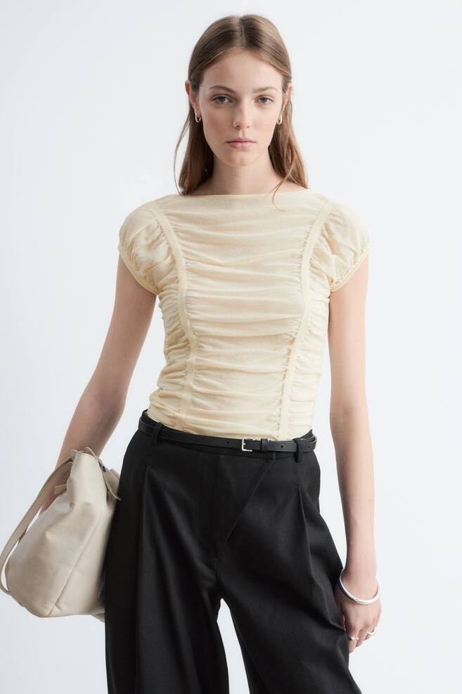 Top con maniche ad aletta e ruche - Beige/Azzurro - 1
