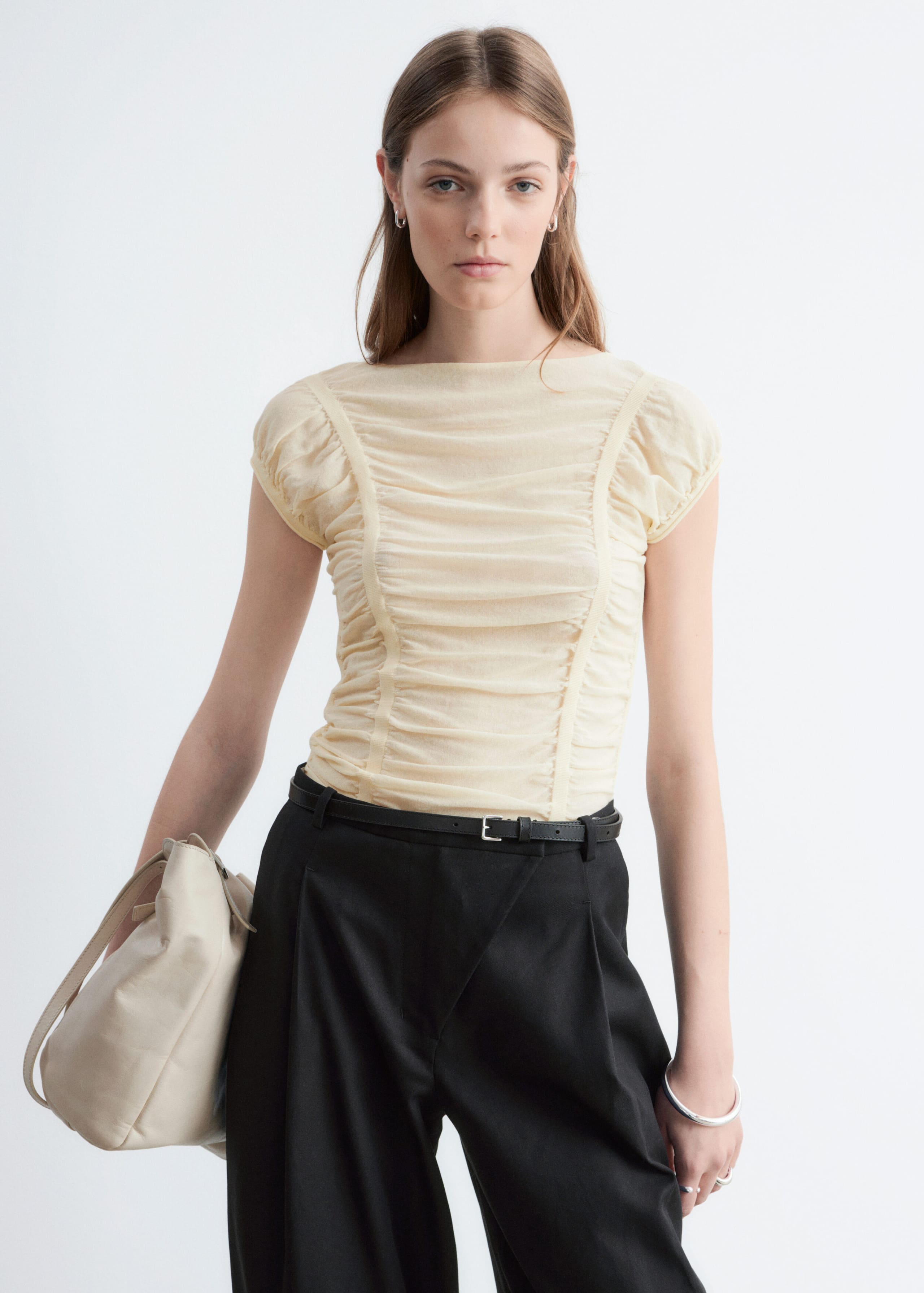 Image of Ruched Cap-Sleeve Top
