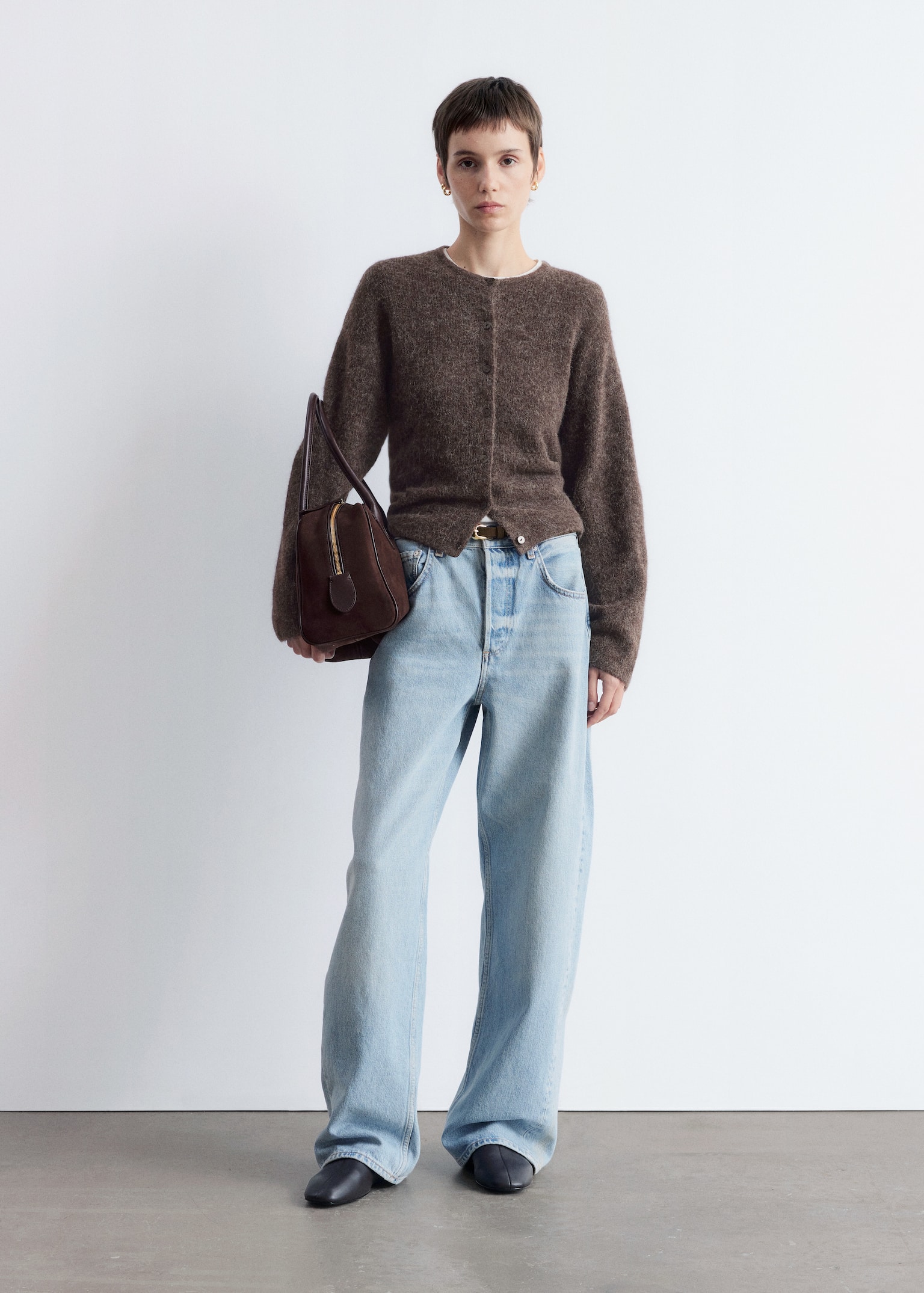 Alpaca-Blend Knitted Cardigan - Taupe Brown/Mole/Grey/Burgundy Melange/White/Dusty Pink
