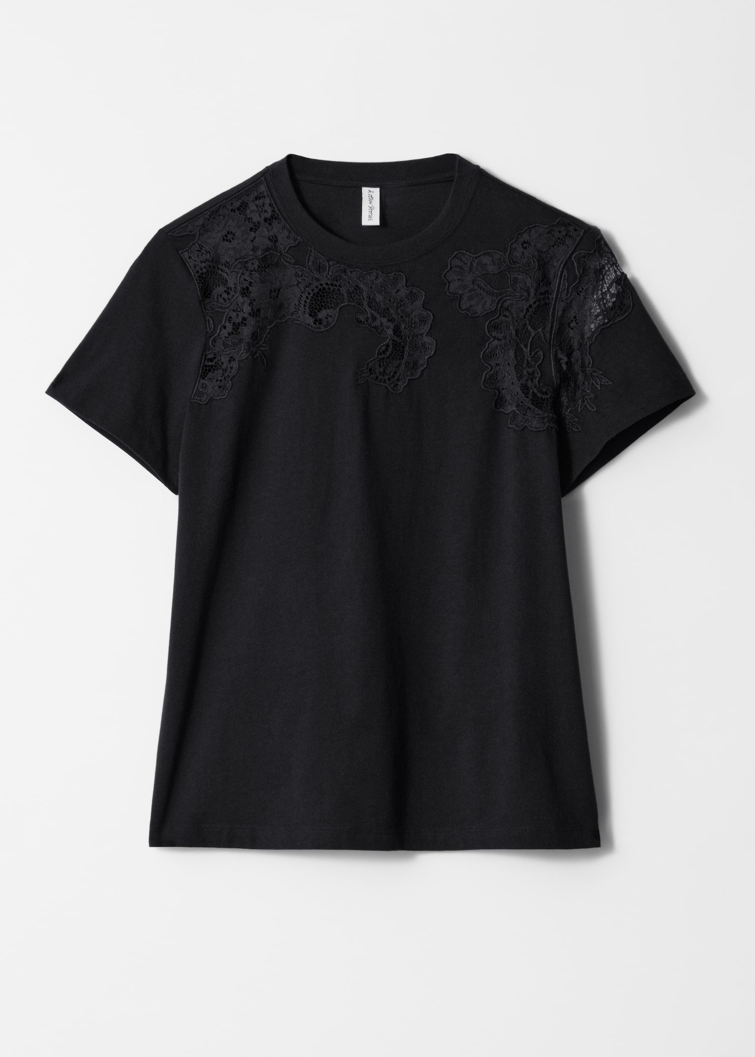 T-shirt z haftowaną koronką - Czarny/Biały - 2