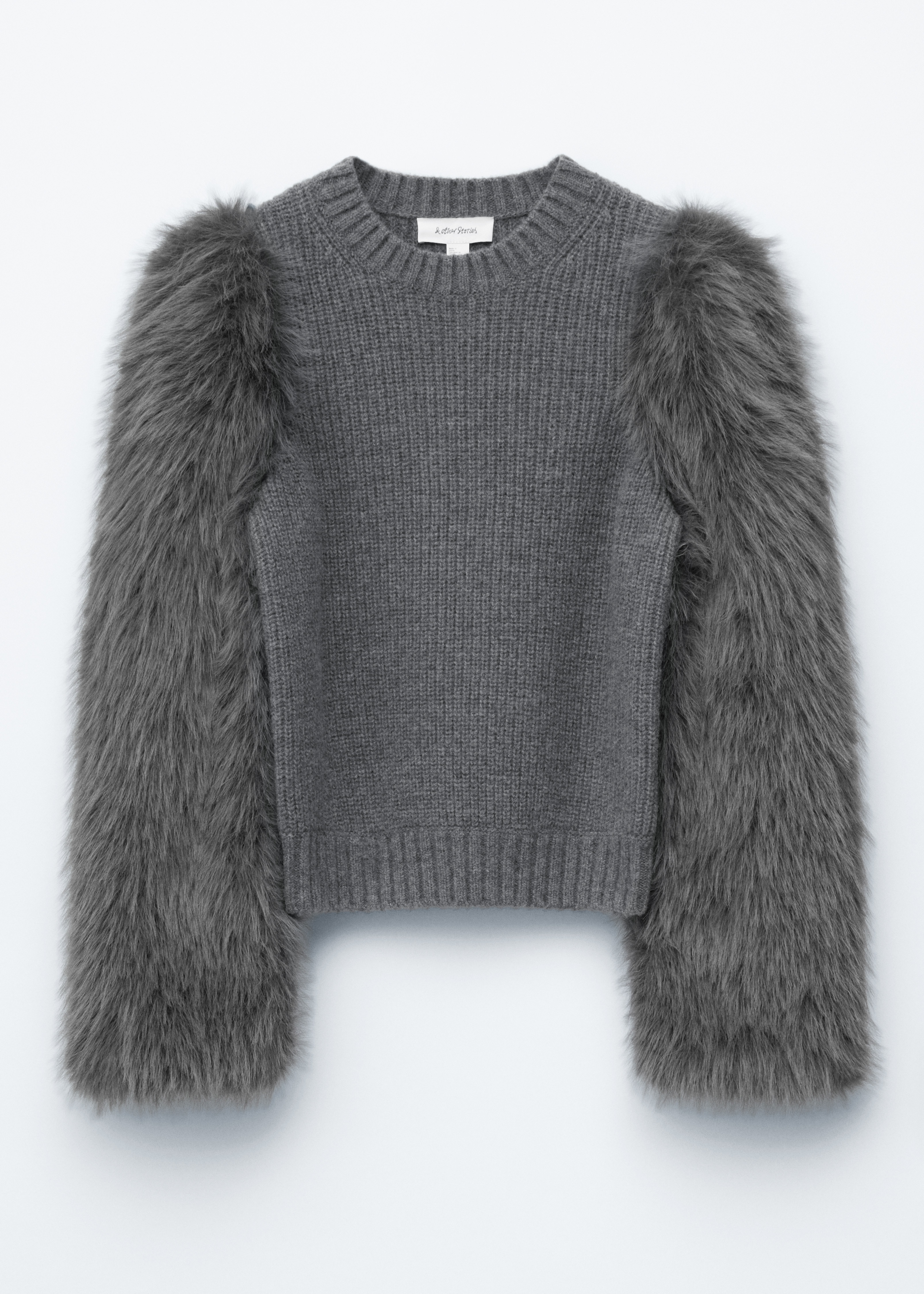 Faux Fur-Sleeve Wool Jumper - Dark Grey