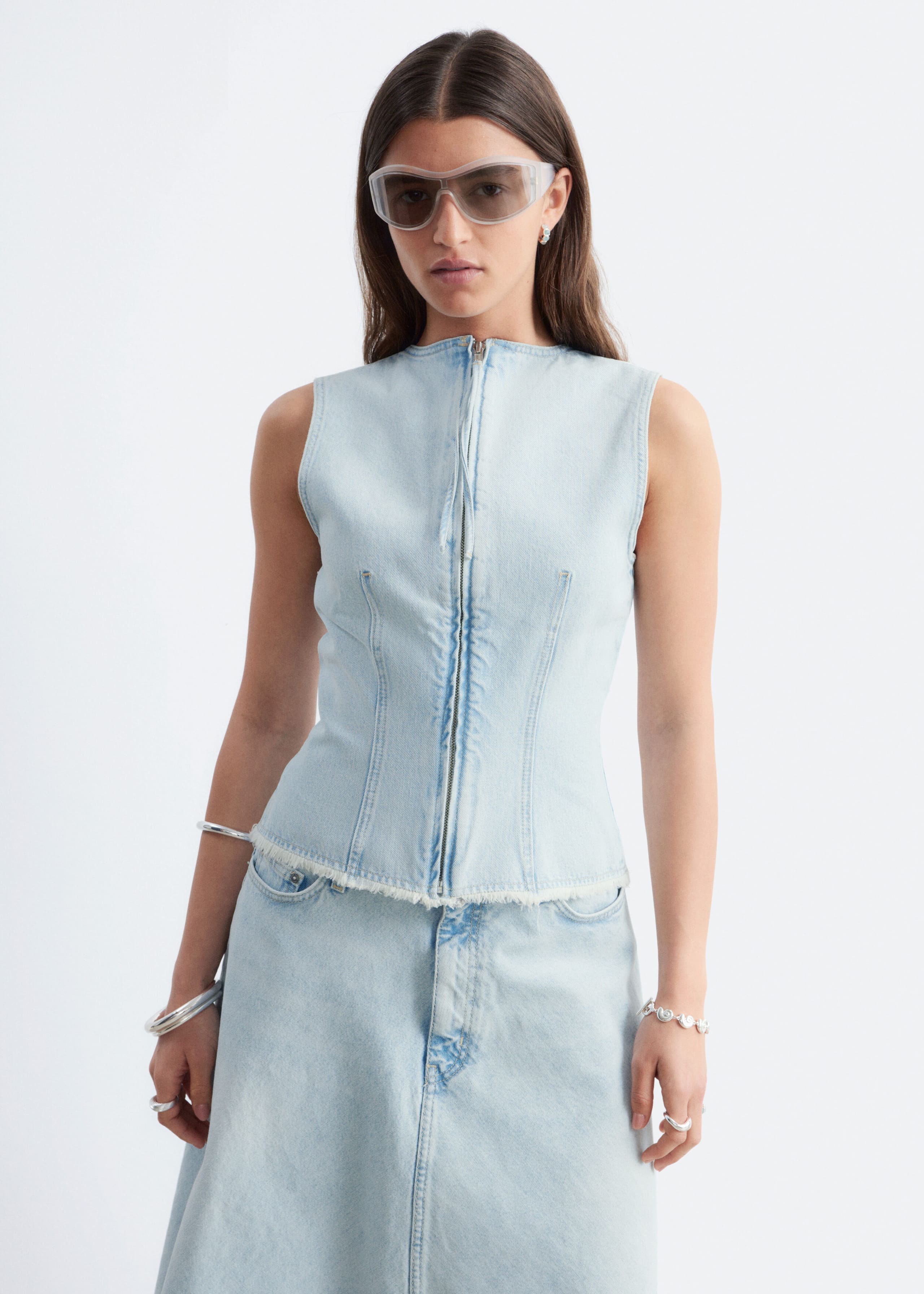 Haut en jean à ourlet brut - Bleu clair - Lookbook