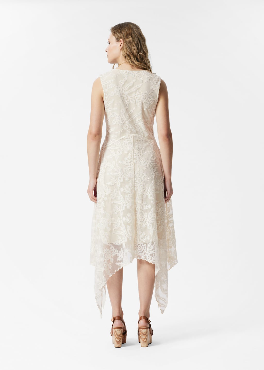 Robe midi en dentelle à col en V - Blanc - Lookbook