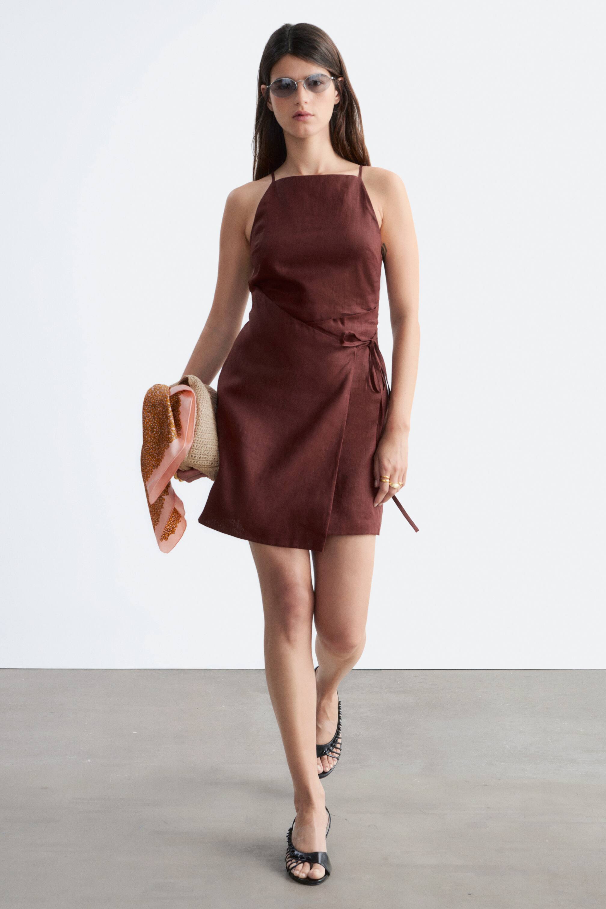 Zobraziť väčší obrázok: Ľanové mini šaty - Tmavohnedá - ŽENY | H&M SK 1