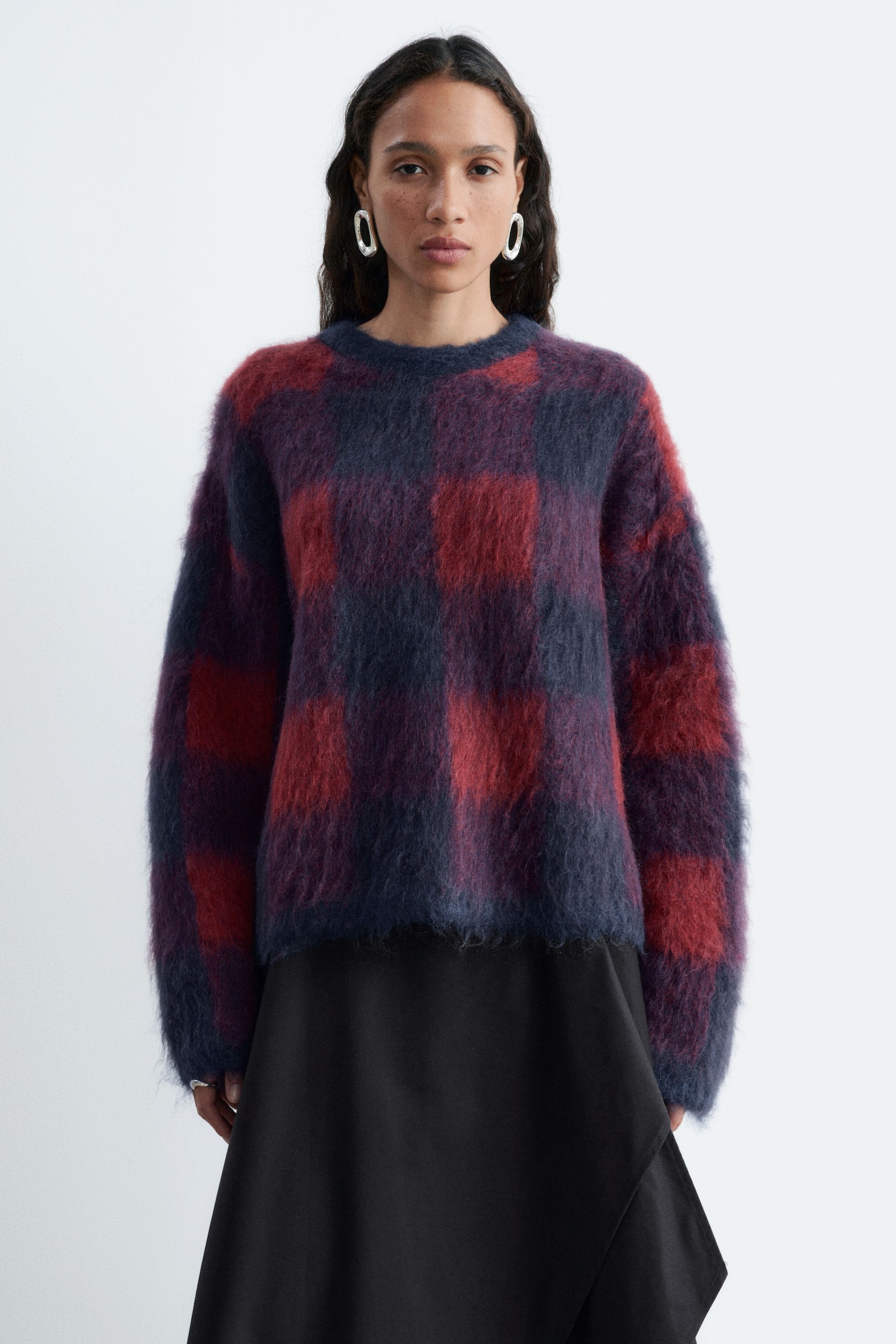 Pullover aus Mohairmischung - Rot/Blau/Grau/Kariert/Dunkelbeige - 1