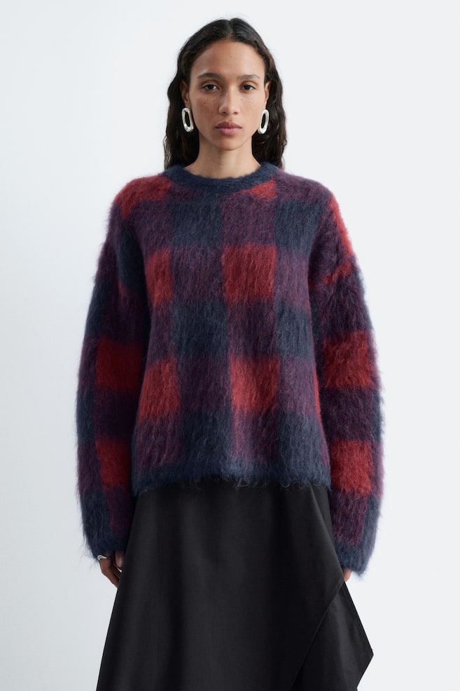 Pulover Din Amestec De Mohair - Roșu/Albastru/Gri/Carouri - 1
