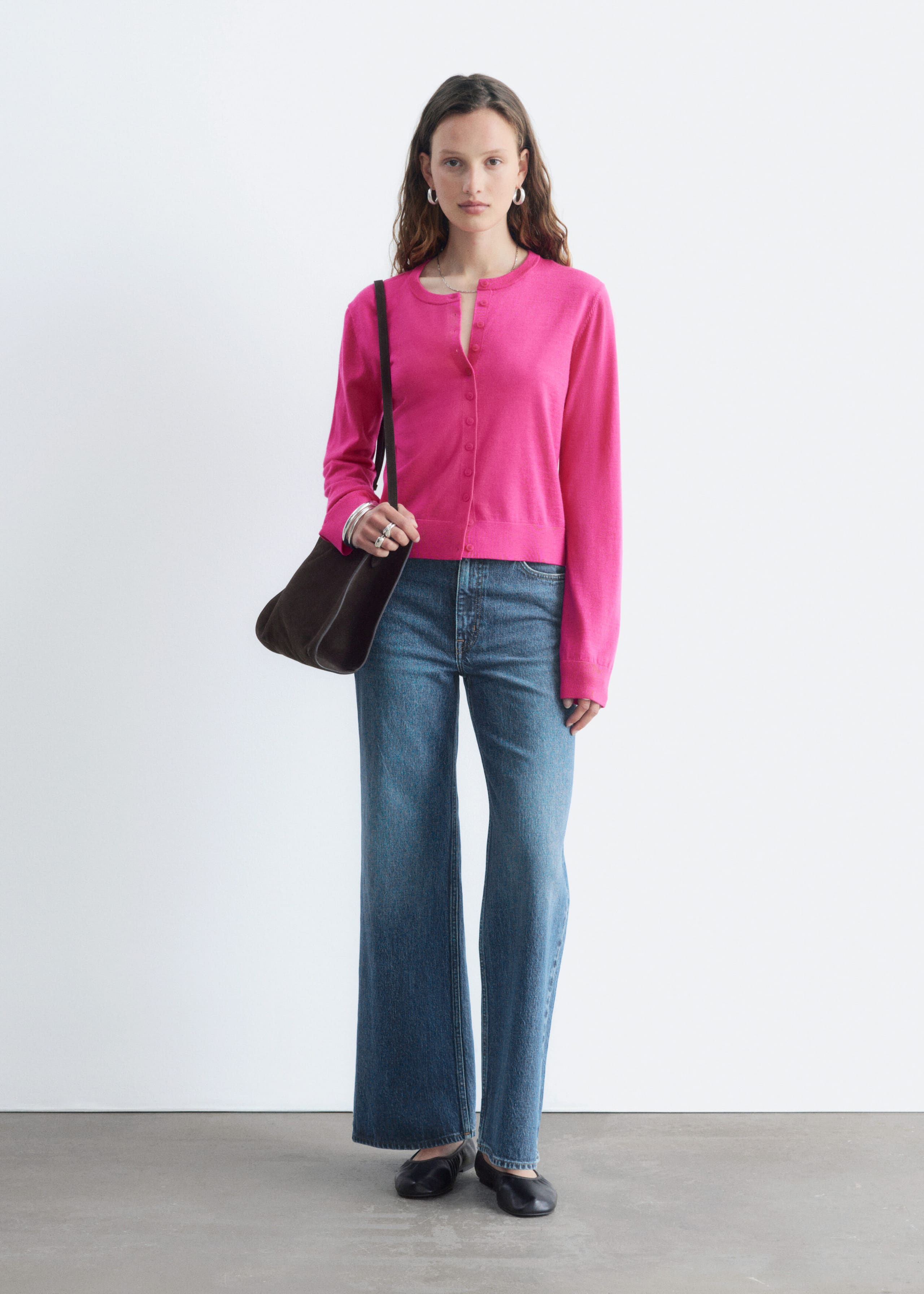 Plain-Knit Wool Cardigan - Bright Pink - Still Life