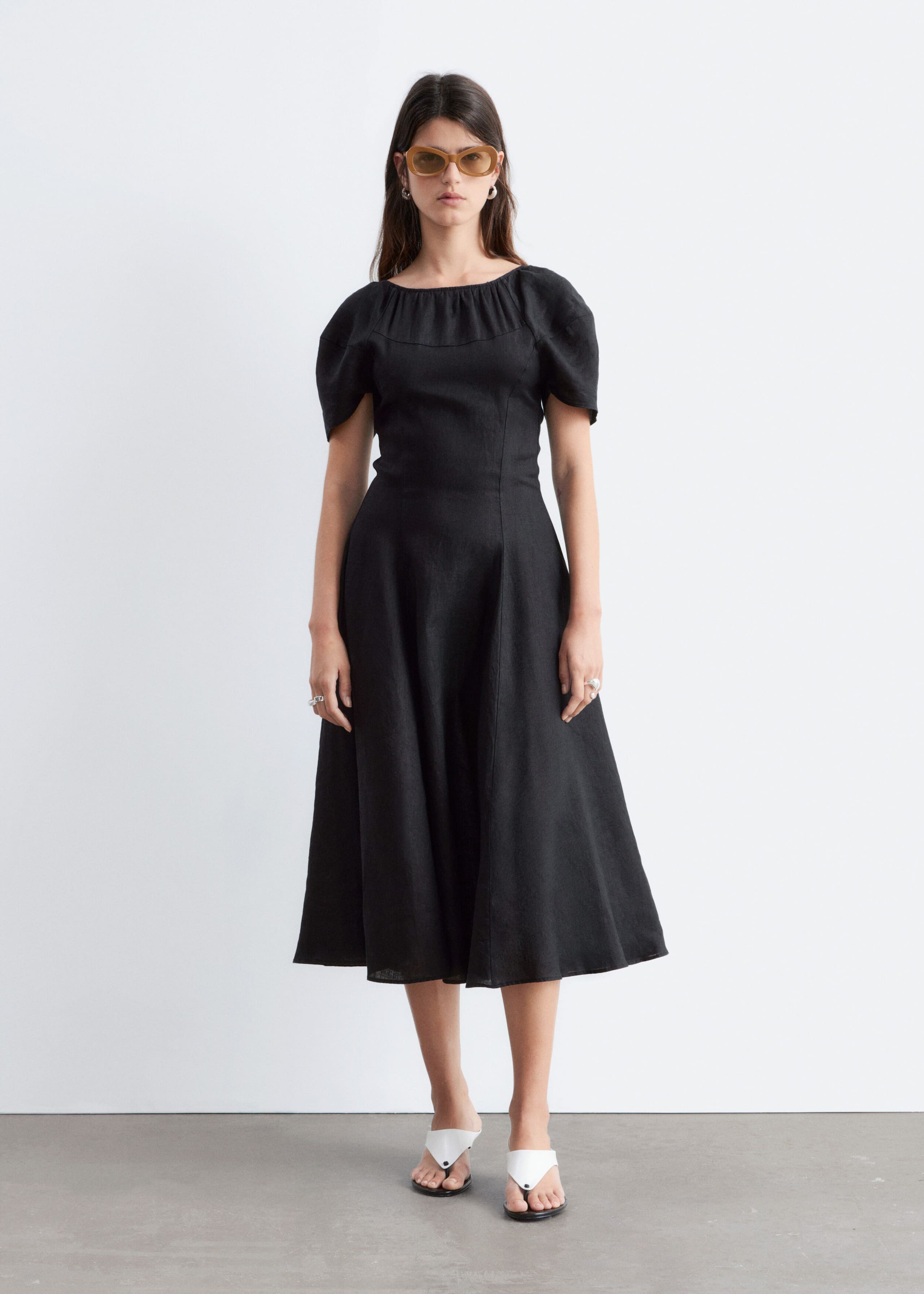 Flared Linen Midi Dress - Light Blue - Lookbook