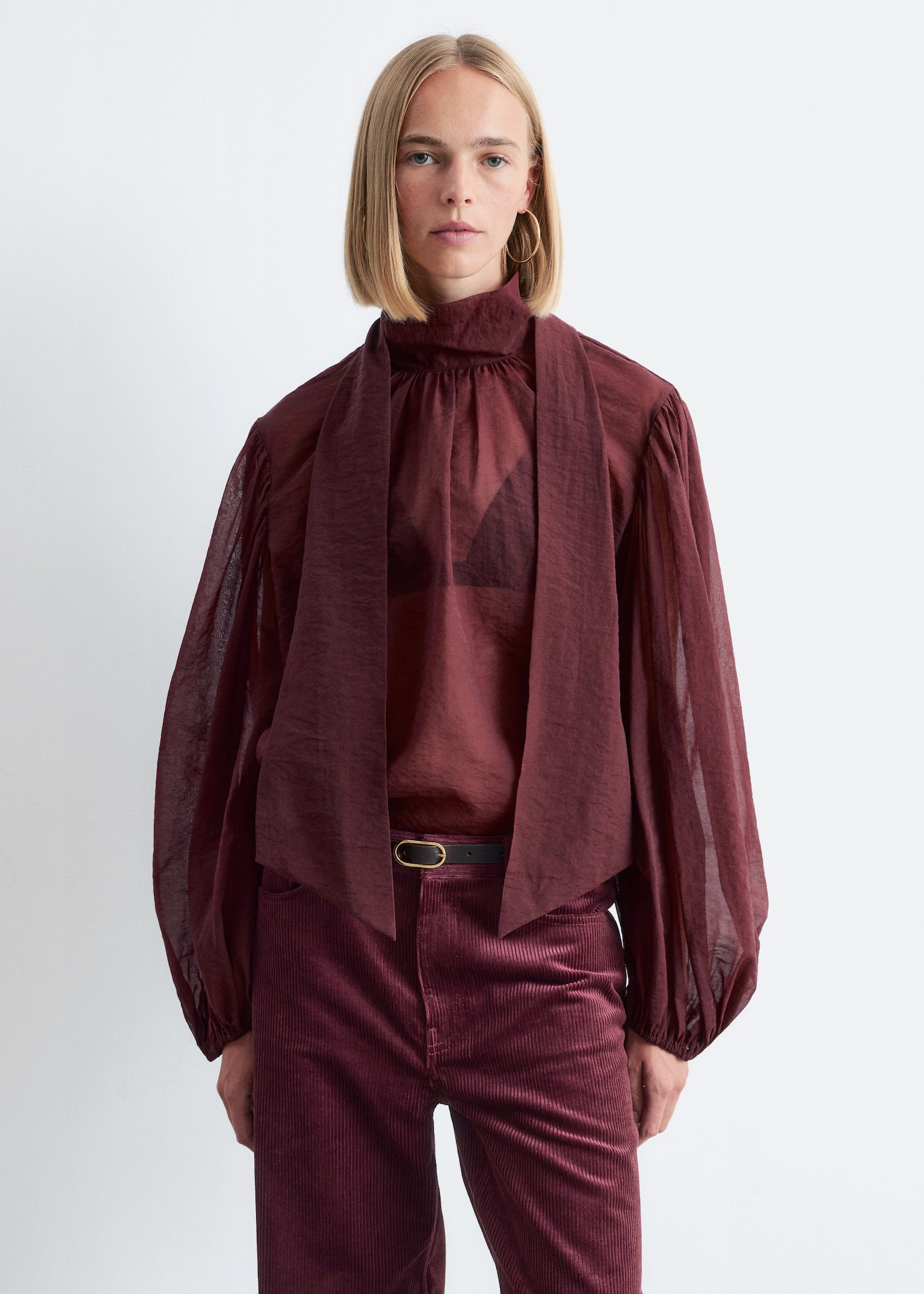 Puff-Sleeve Bow-Detail Blouse - Burgundy - 5