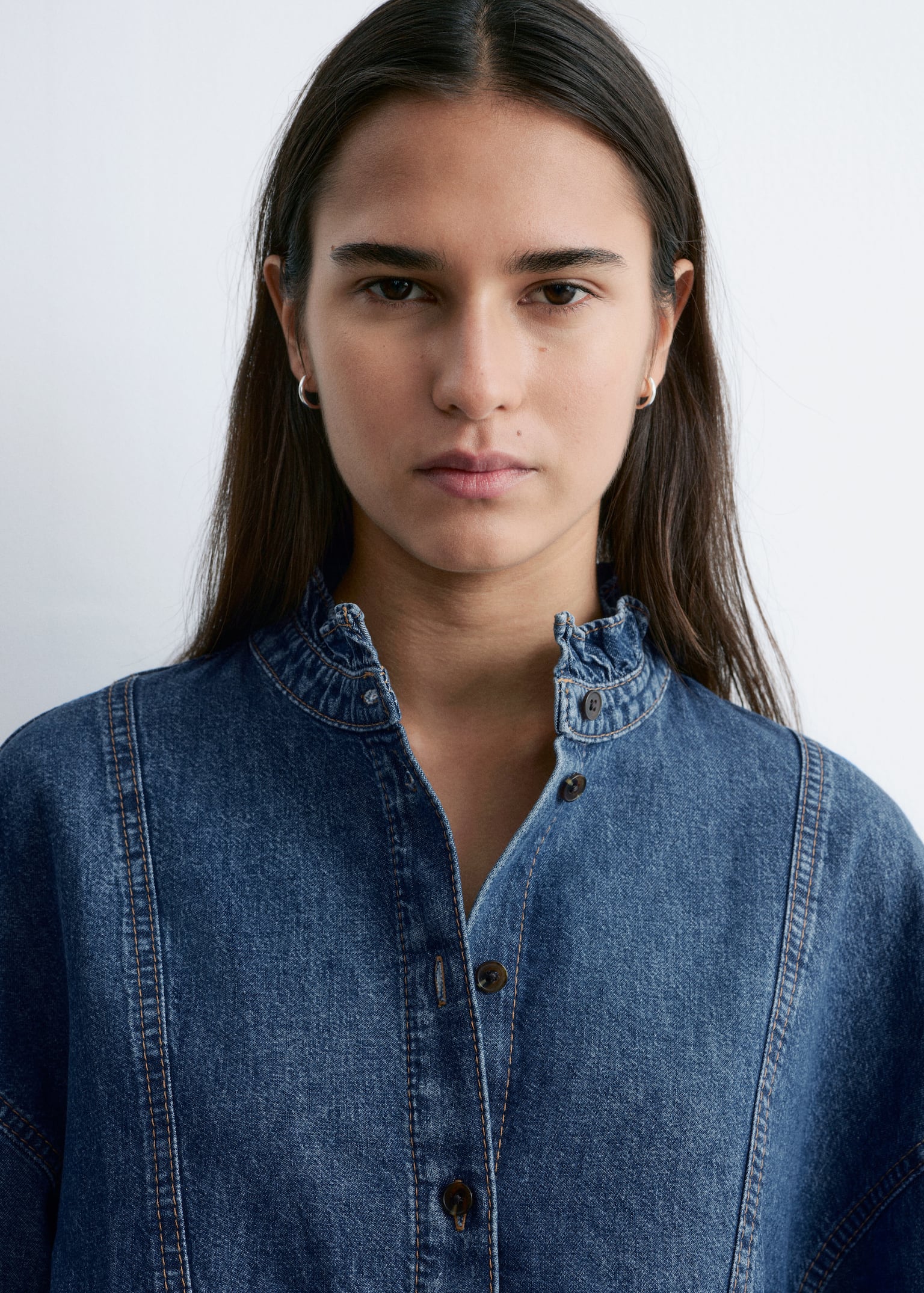 Blouse en denim à col volanté - Bleu moyen/Gris - 7