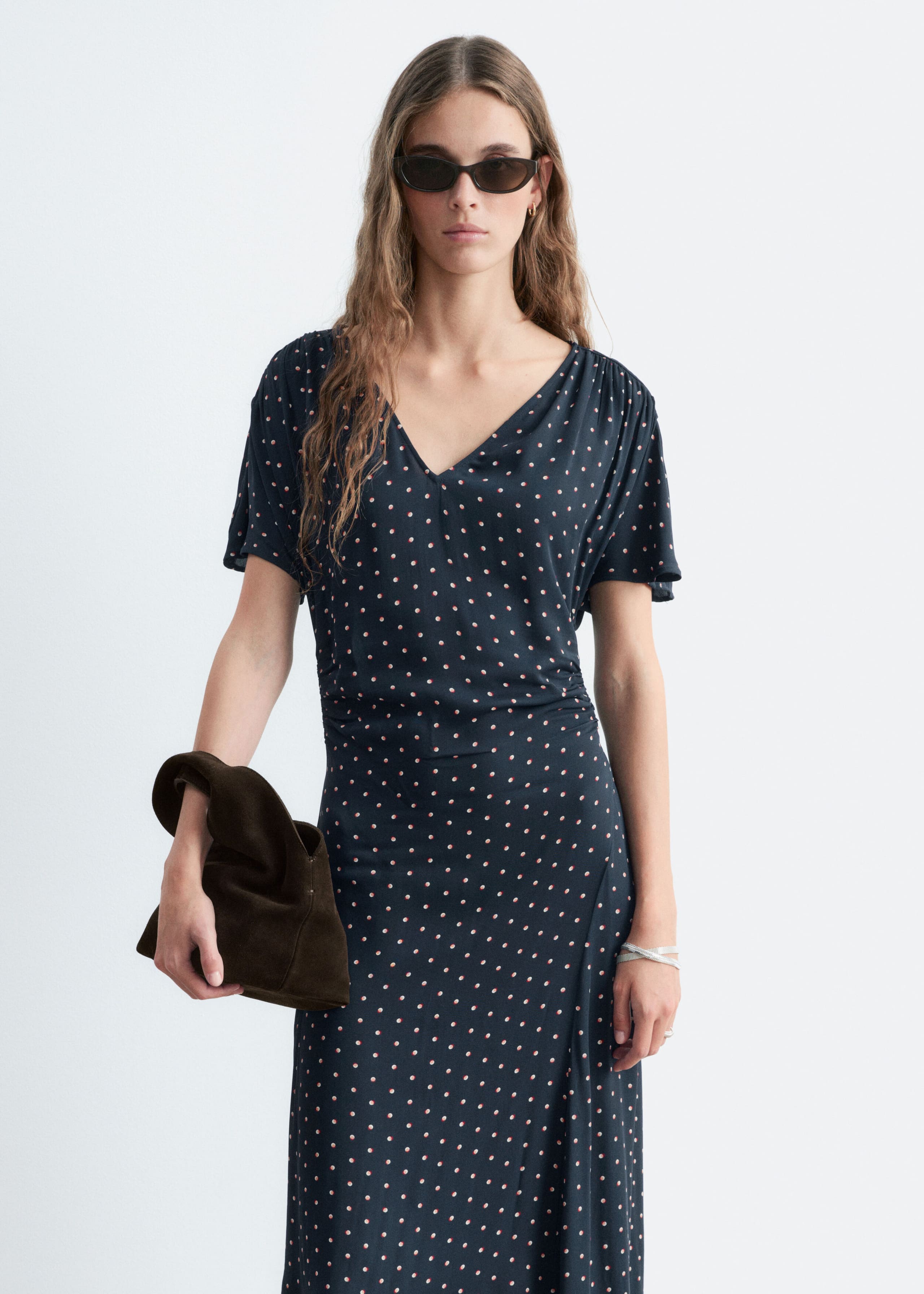 V-Neck Gathered Dress - Dark Blue/Dots - Lookbook