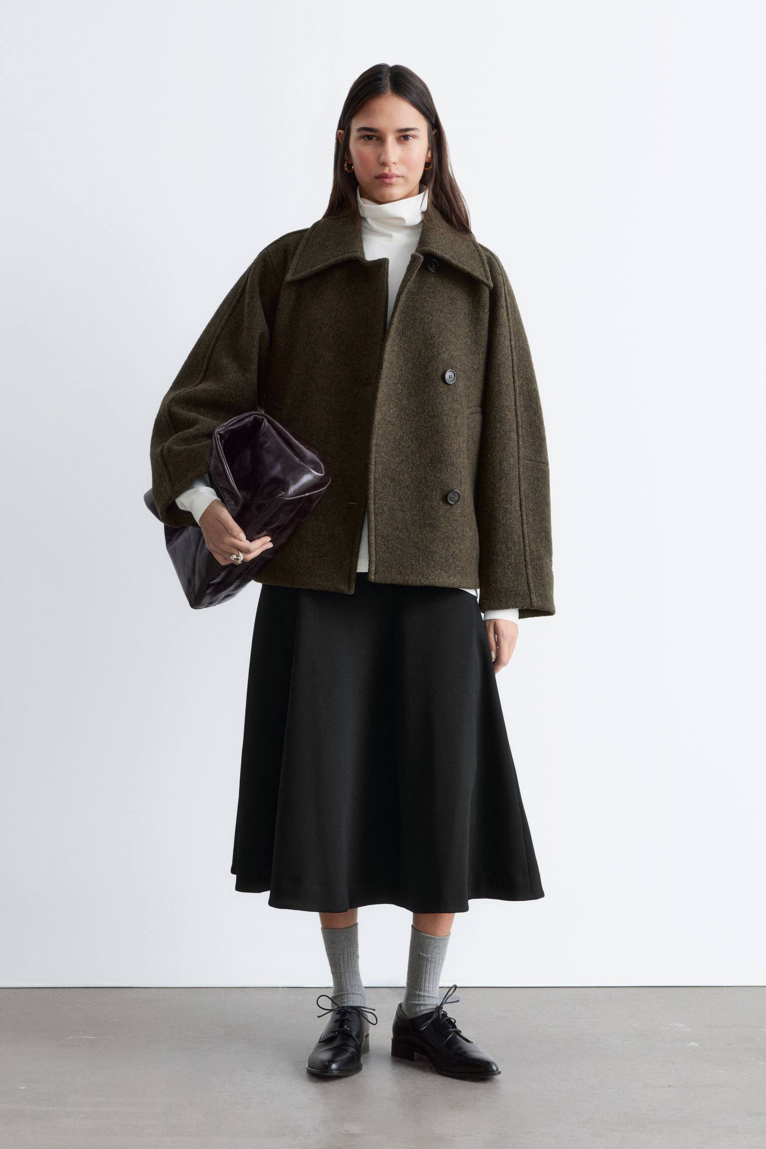 Wełniana kurtka oversize - Ciemnozielony khaki/Czarny - 2