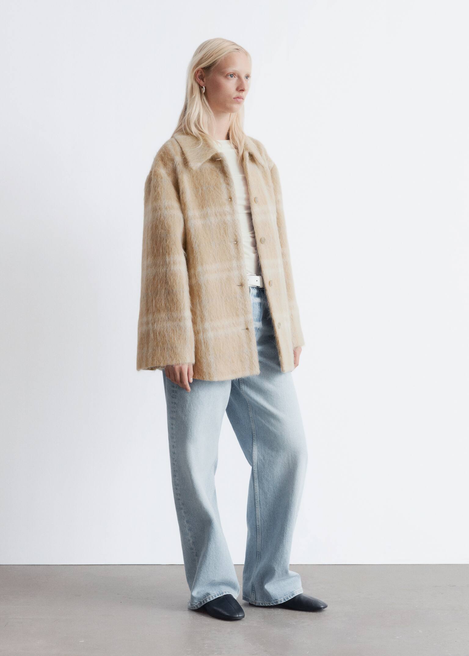 Wool Shirt Jacket - Beige Checked - 4