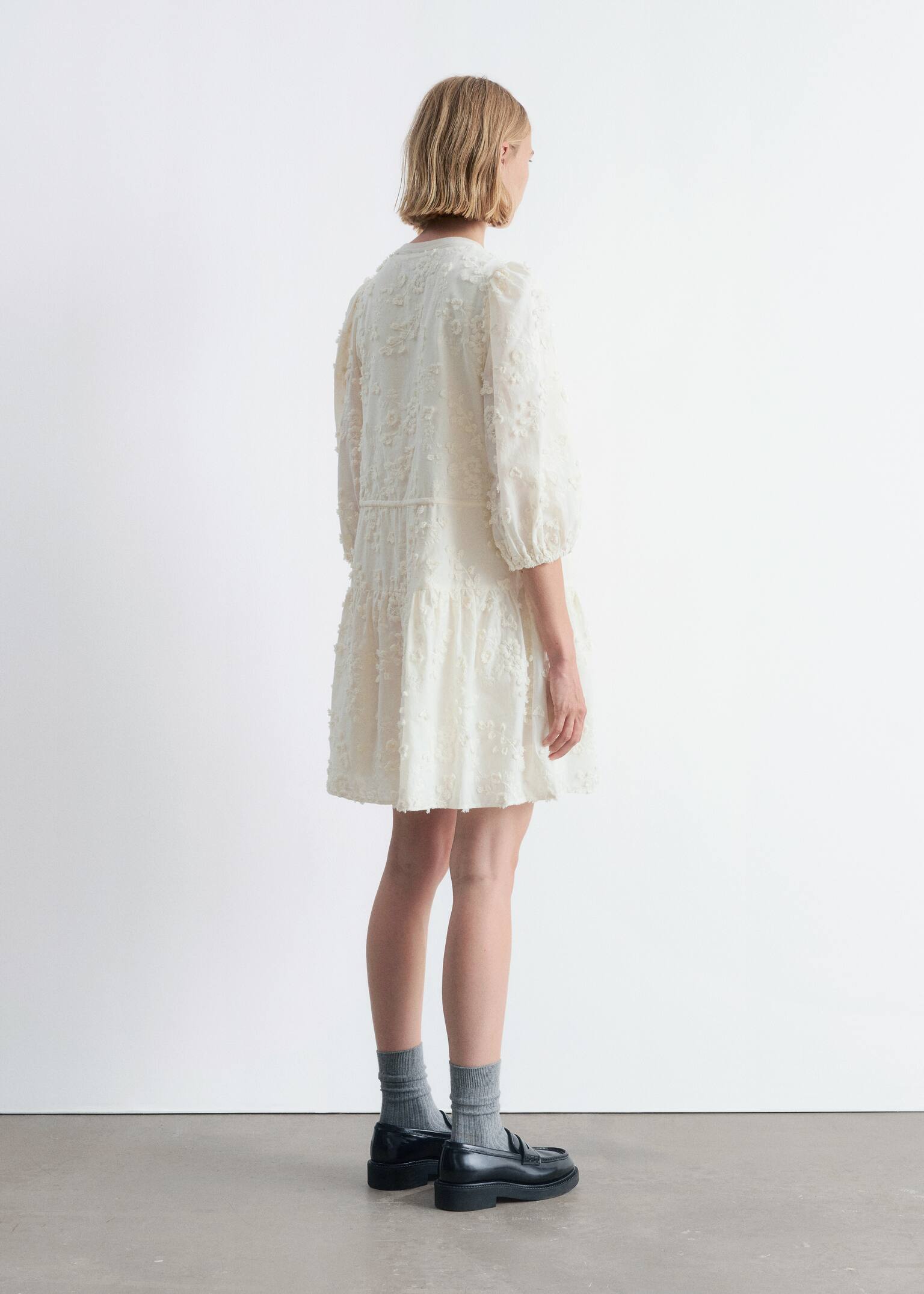 Rochie Mini Brodată - Crem/Negru - 3