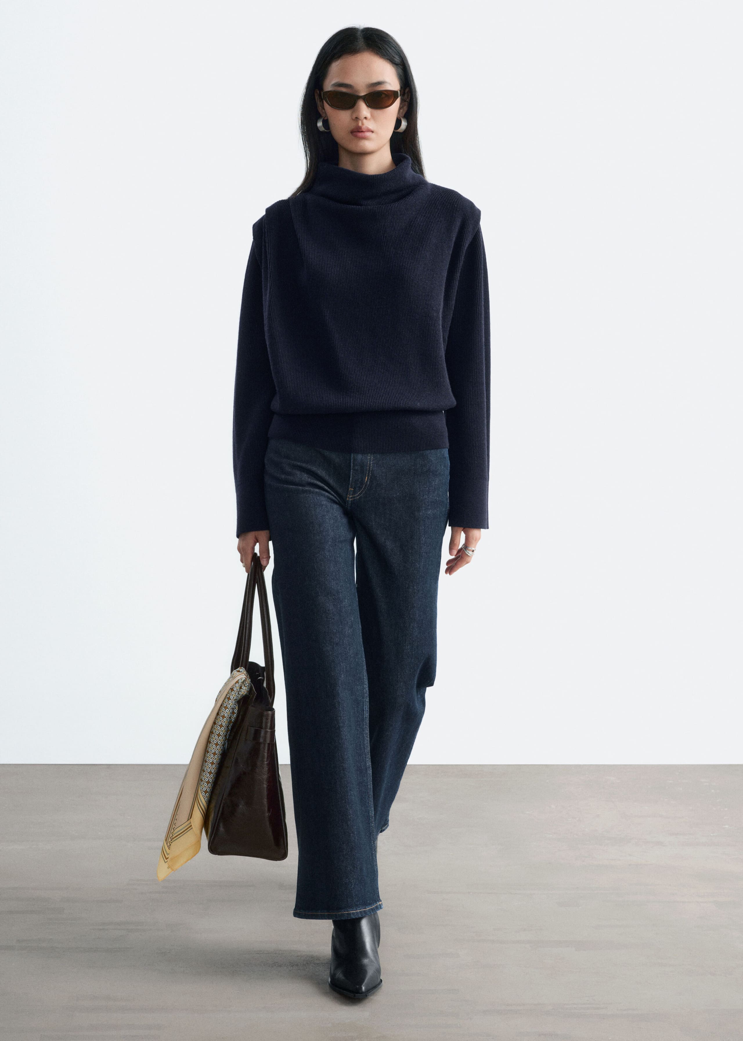 Pleat-Detail Wool Jumper - Dark Blue - Lookbook