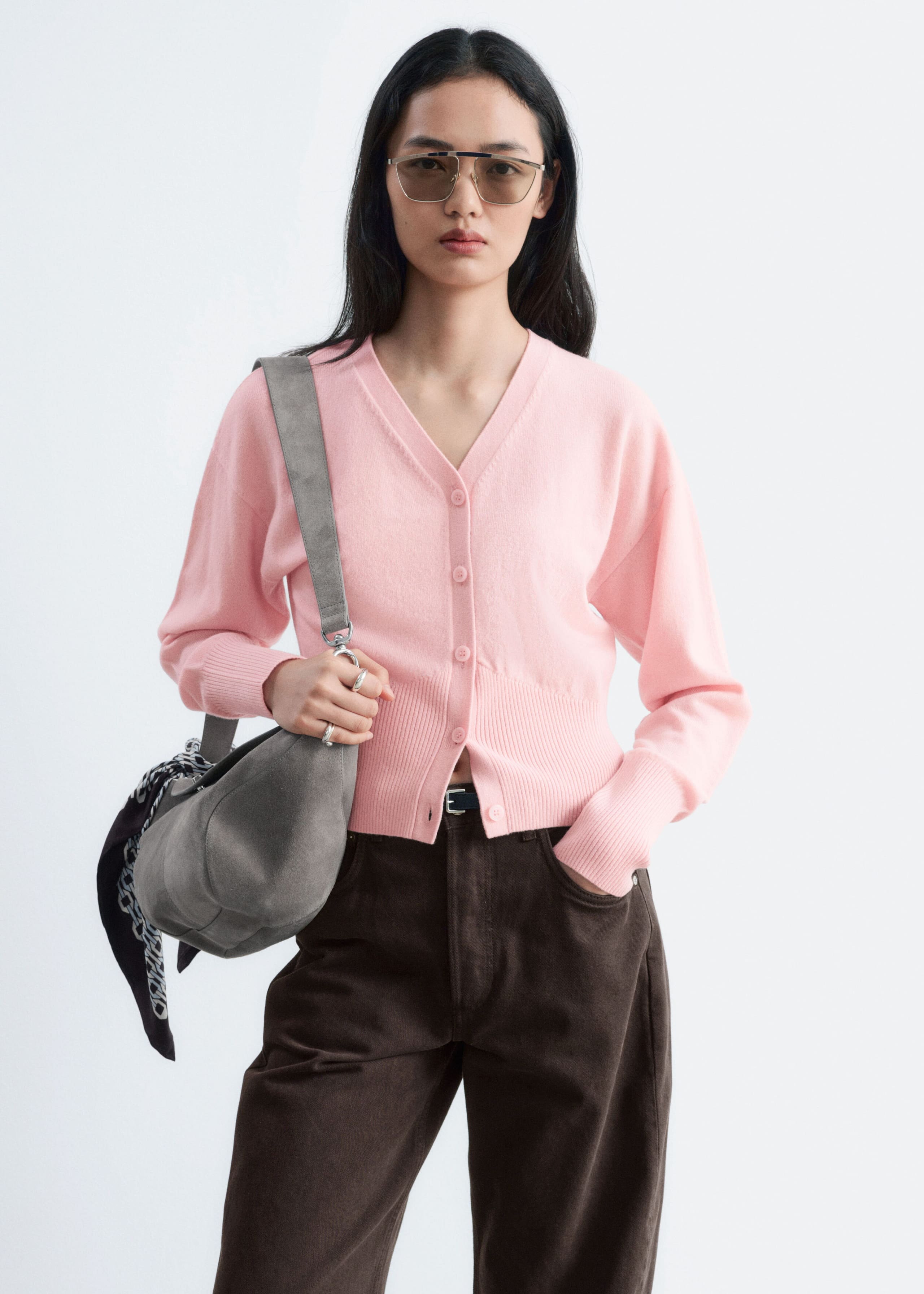 Wool Corset Rib Cardigan - Light Pink - Lookbook