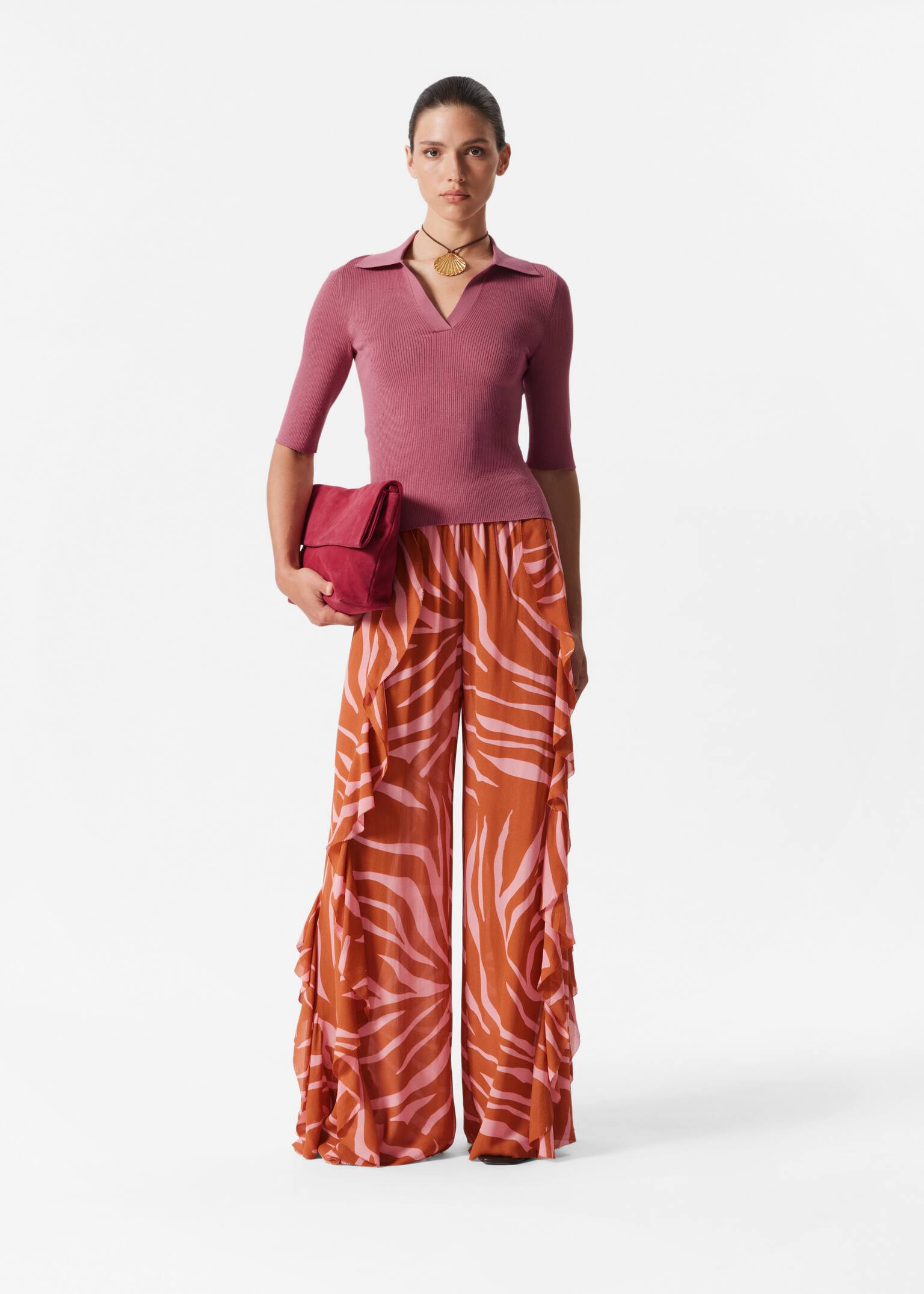 Collared Short-Sleeve Top - Dark Pink/Dark Blue/White - 5