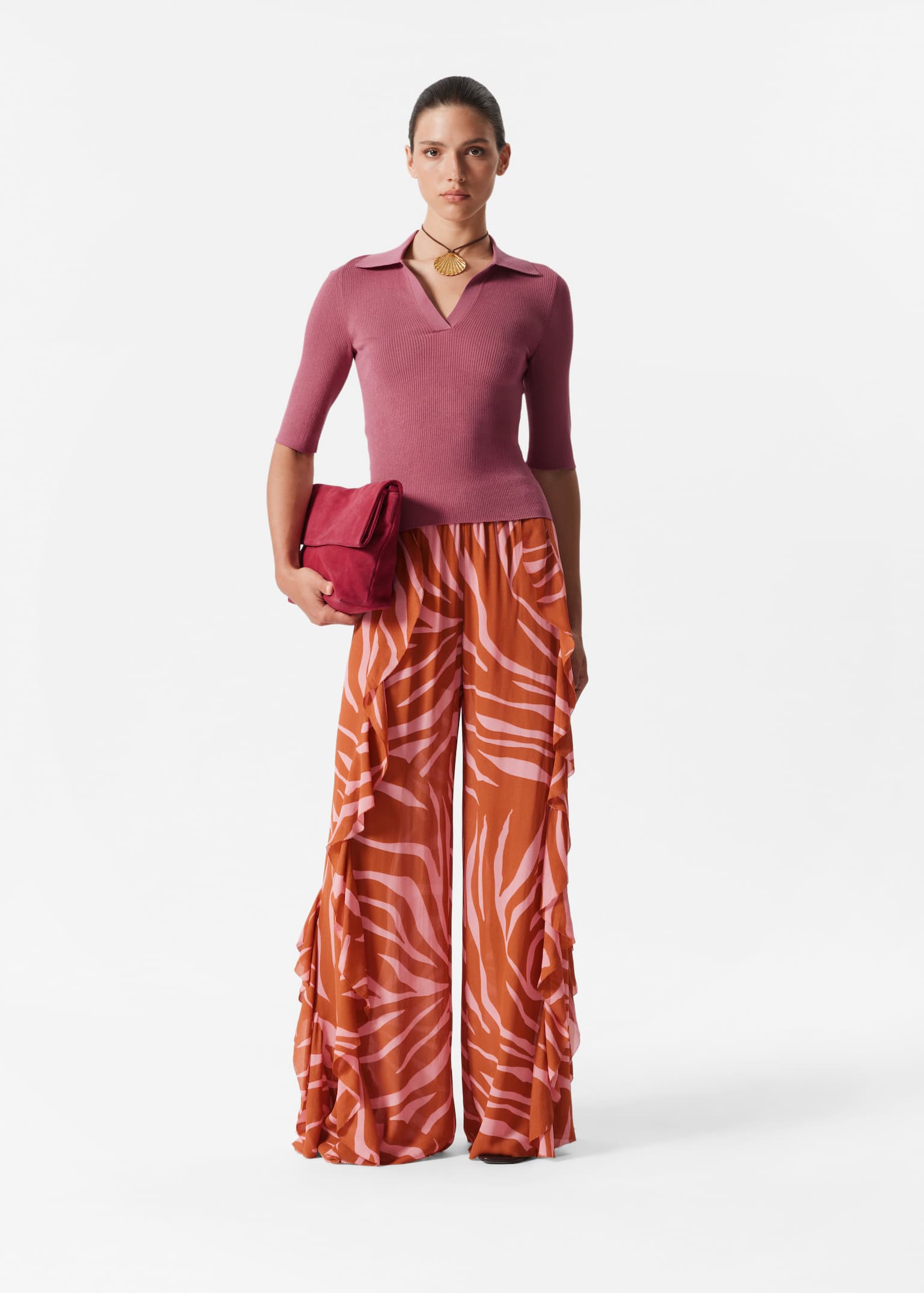 Top z krótkim rękawem i kołnierzykiem - Dark Pink/Biały/Ciemnoniebieski - 4