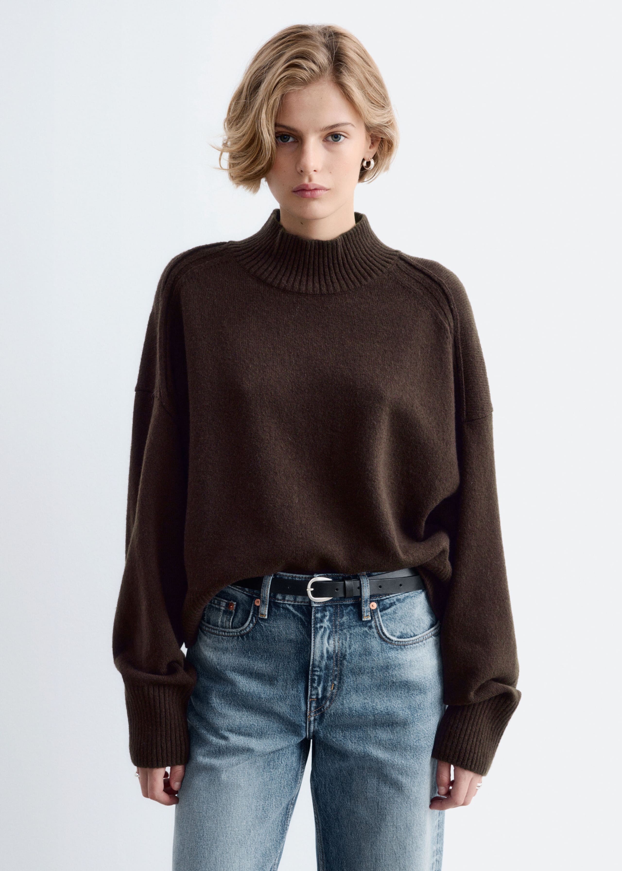 Mock-Neck Wool-Cotton Jumper Dark Brown