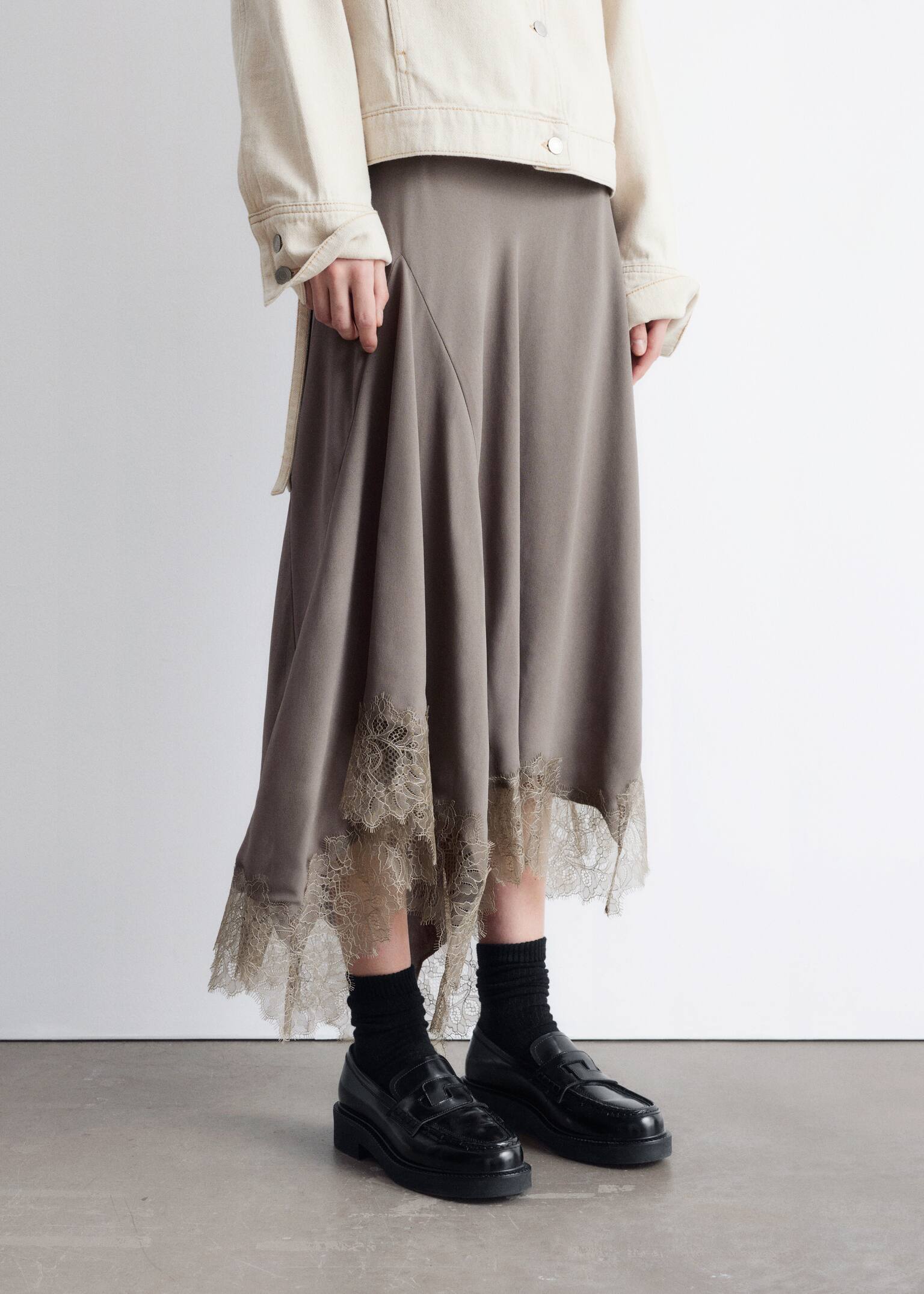Asymmetrical Lace-Trimmed Midi Skirt - Mole - 6