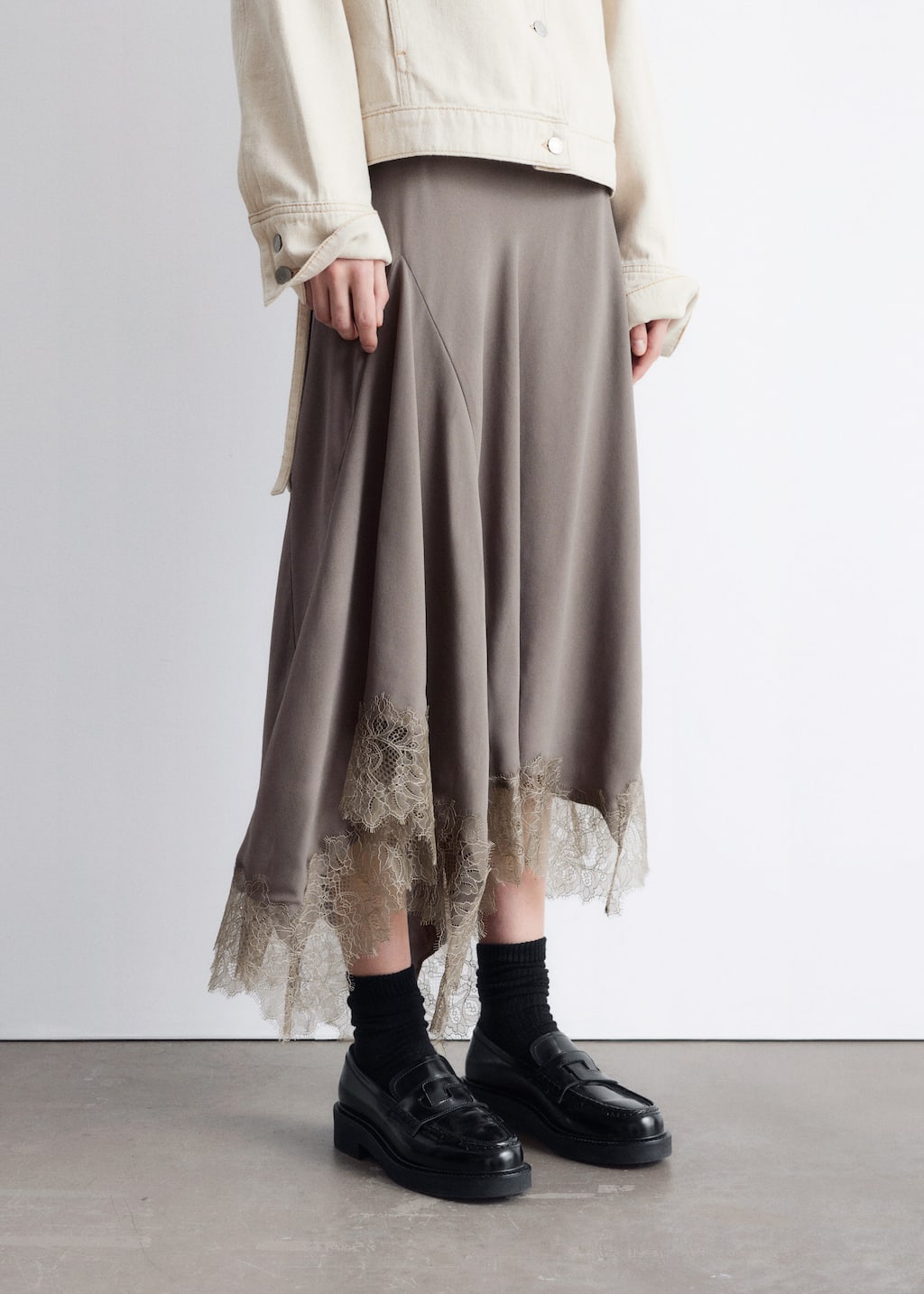 Image of Asymmetrical Lace-Trimmed Midi Skirt