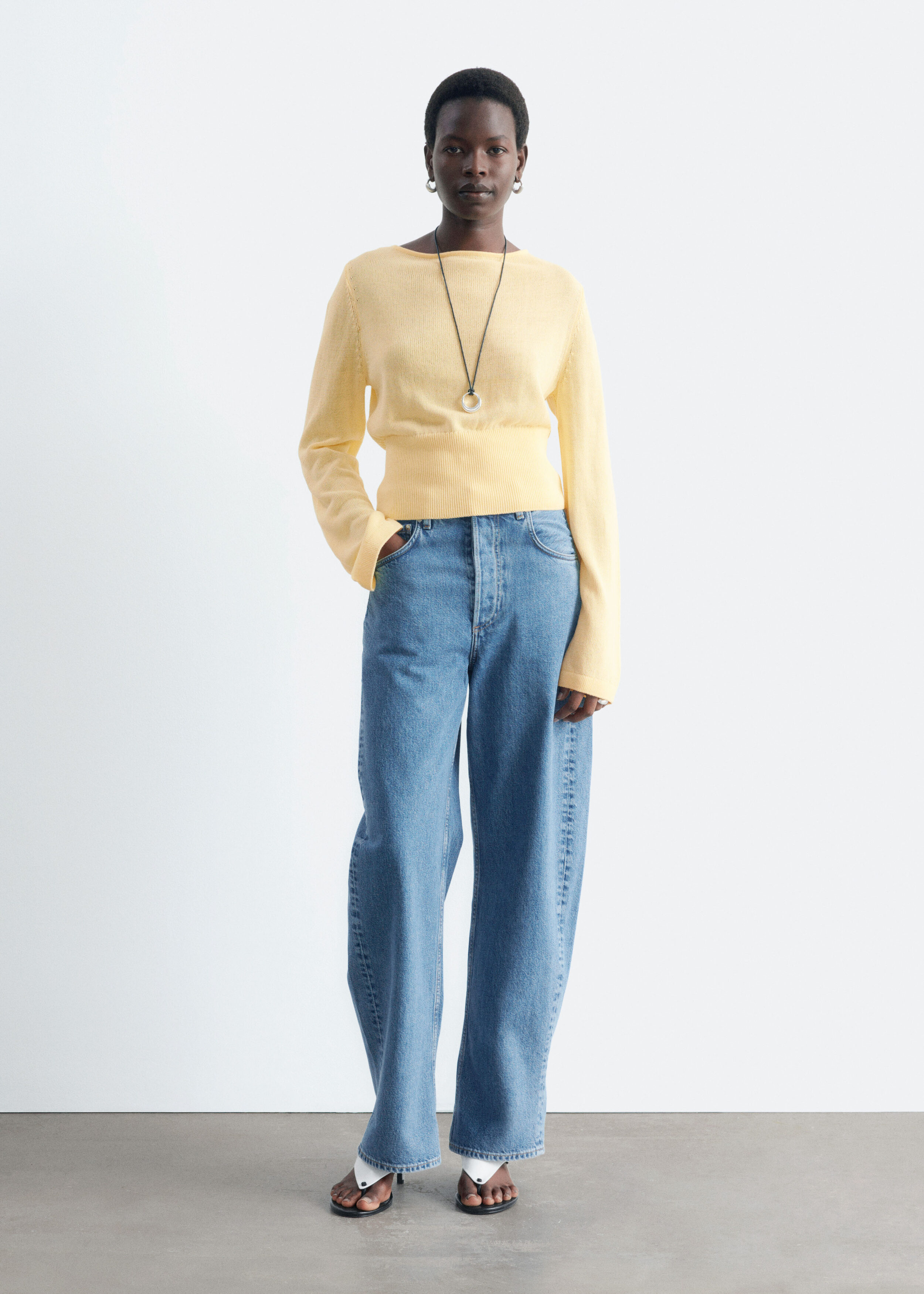 Rolled Edge Boat-Neck Top - Yellow - Long sleeve tops | & Other