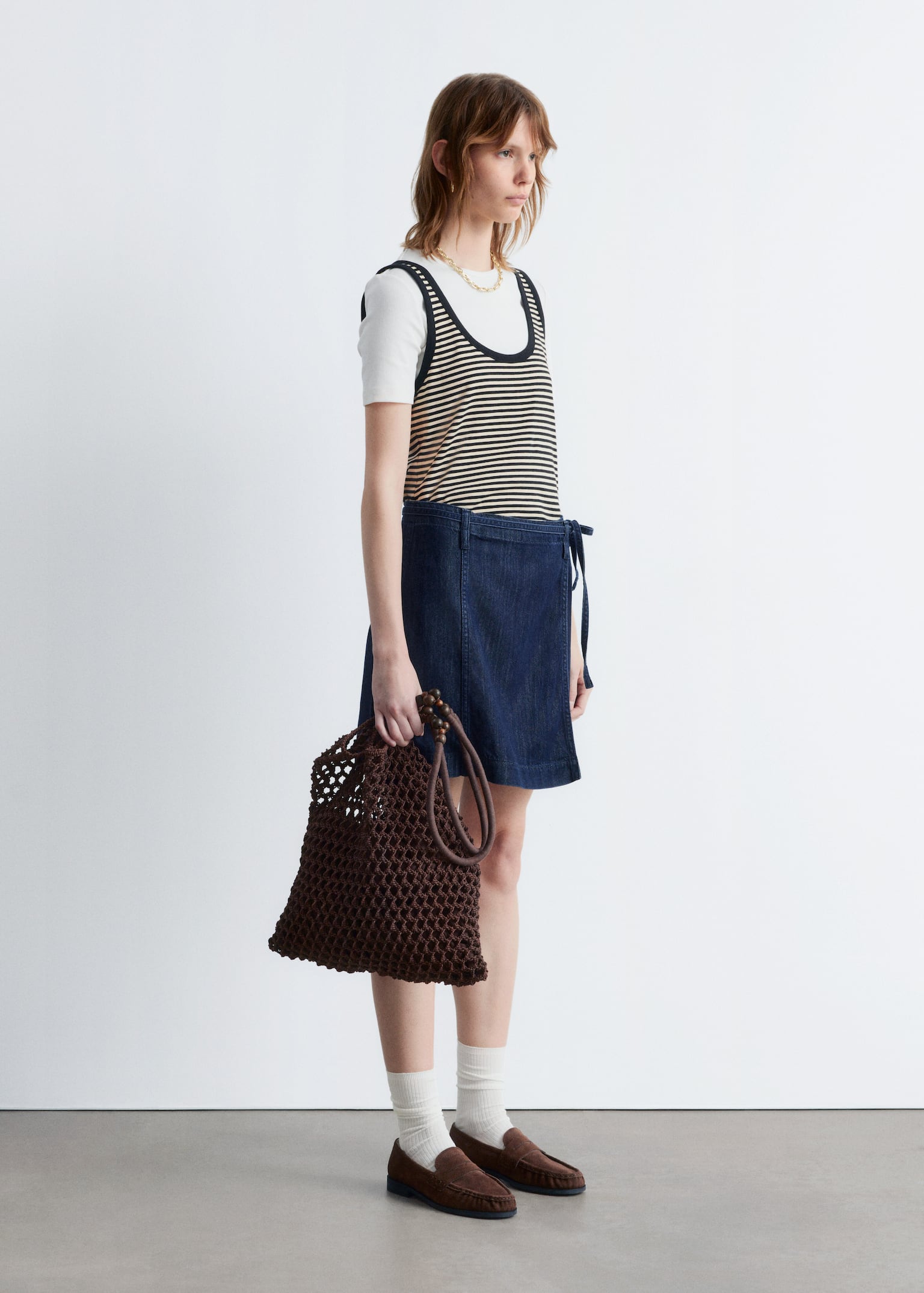 Tie-Detail Denim Mini Skirt - Ciemnoniebieski - 4