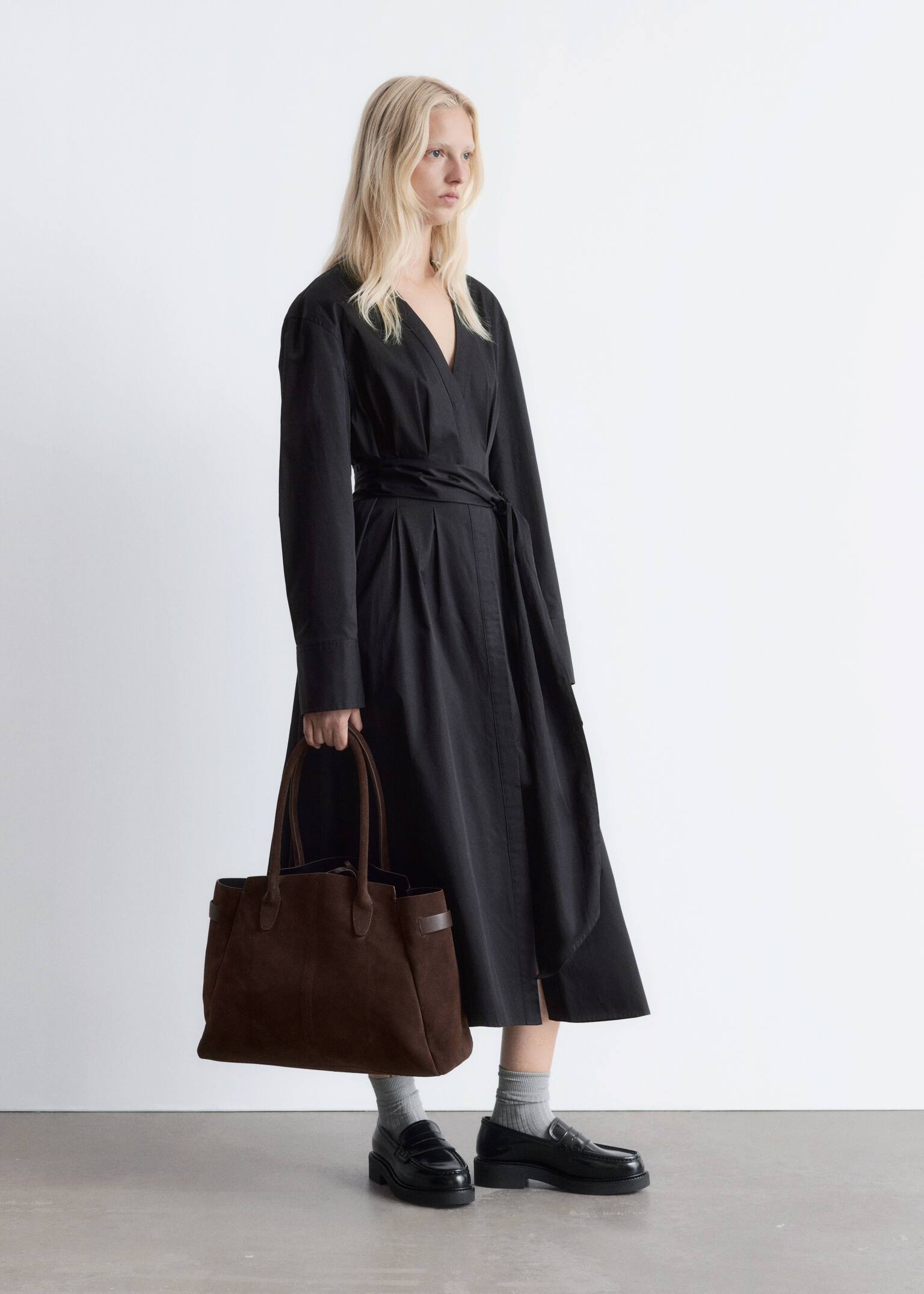 Cotton Shirt Midi Dress - Negru - 3