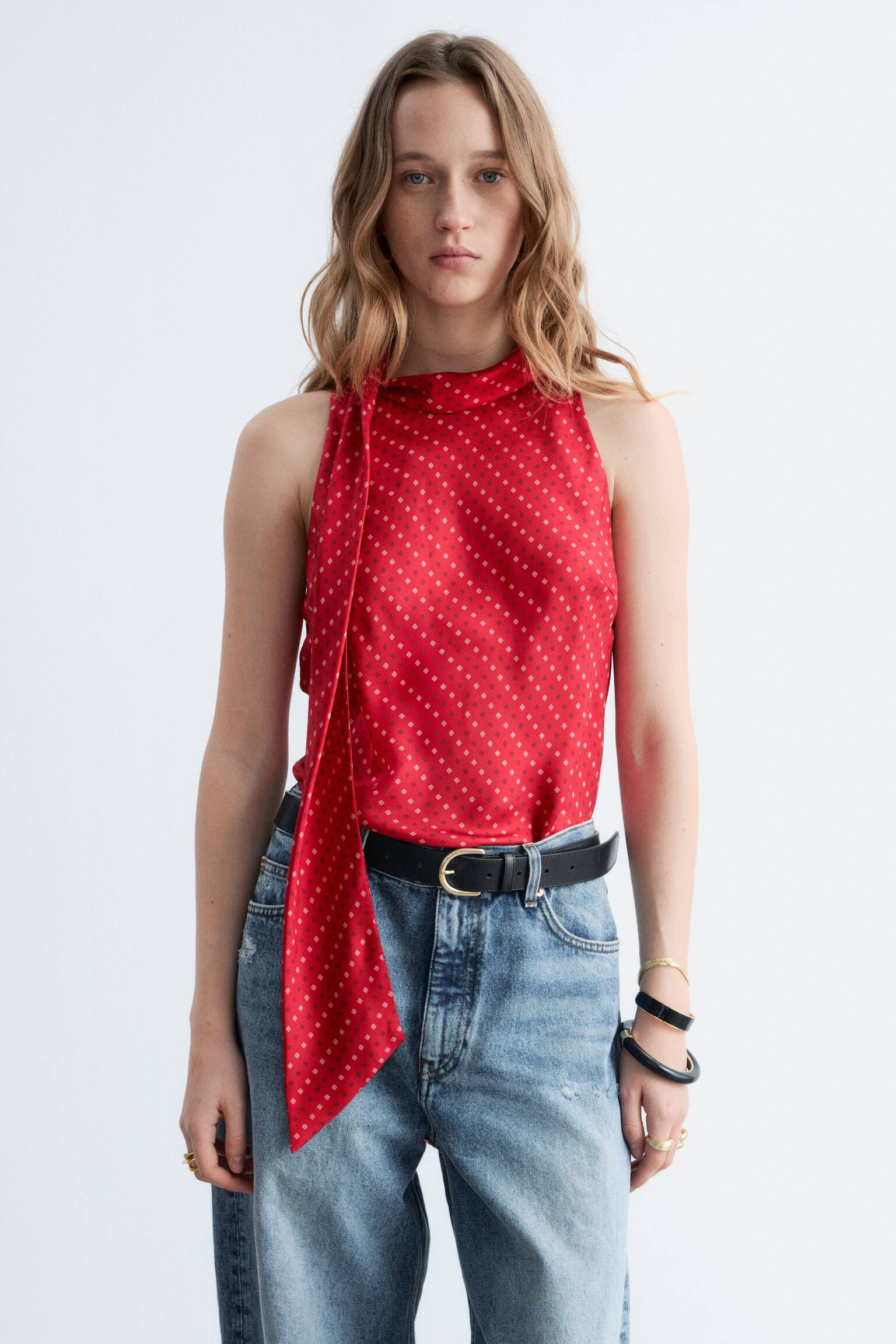 Top de seda con cuello de pañuelo - Rojo/Estampado a cuadros/Beige/Rayas - 1