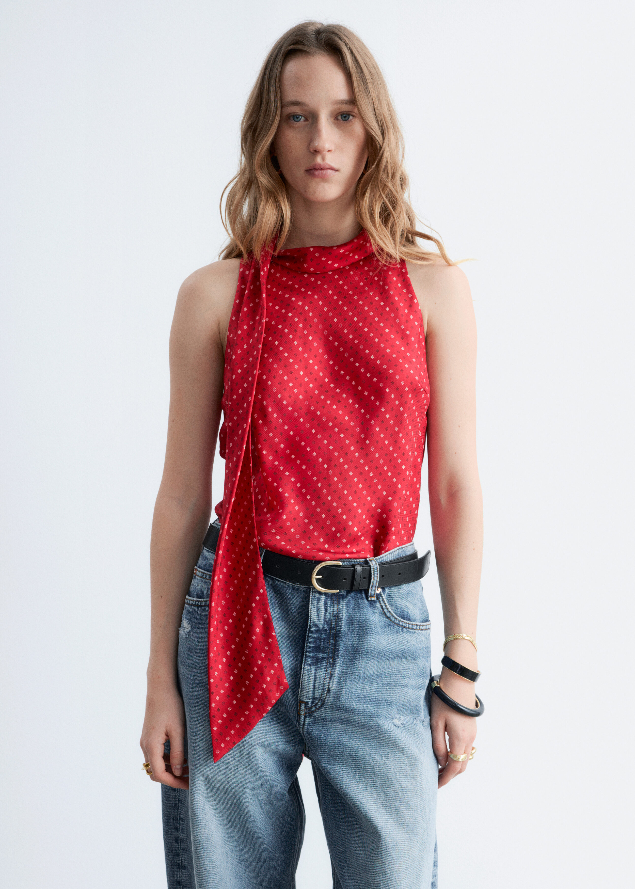 Scarf-Neck Silk Top - Red/Square Print - & Other Stories US
