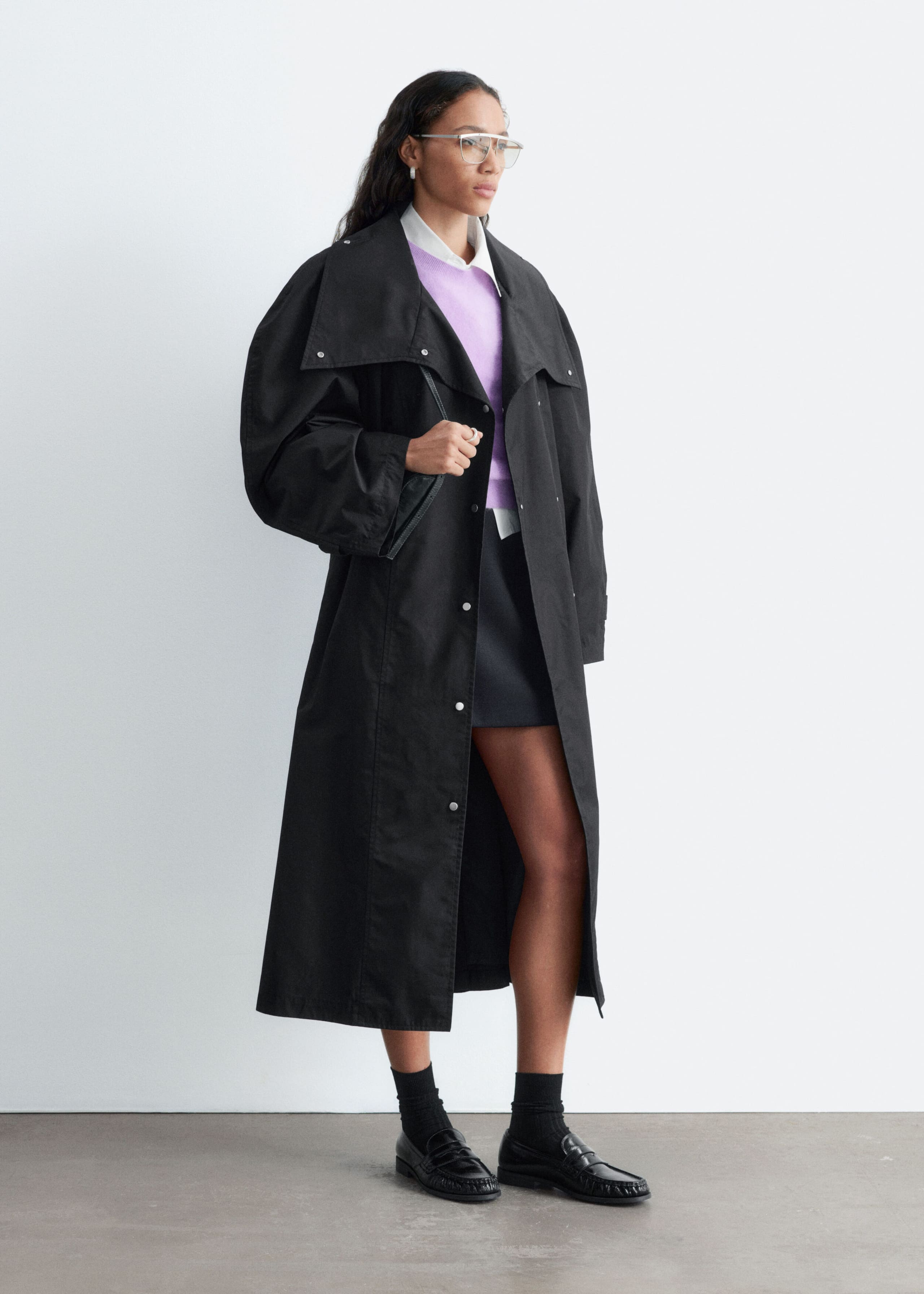 Bold-Shoulder Belted Coat - Black - Lookbook