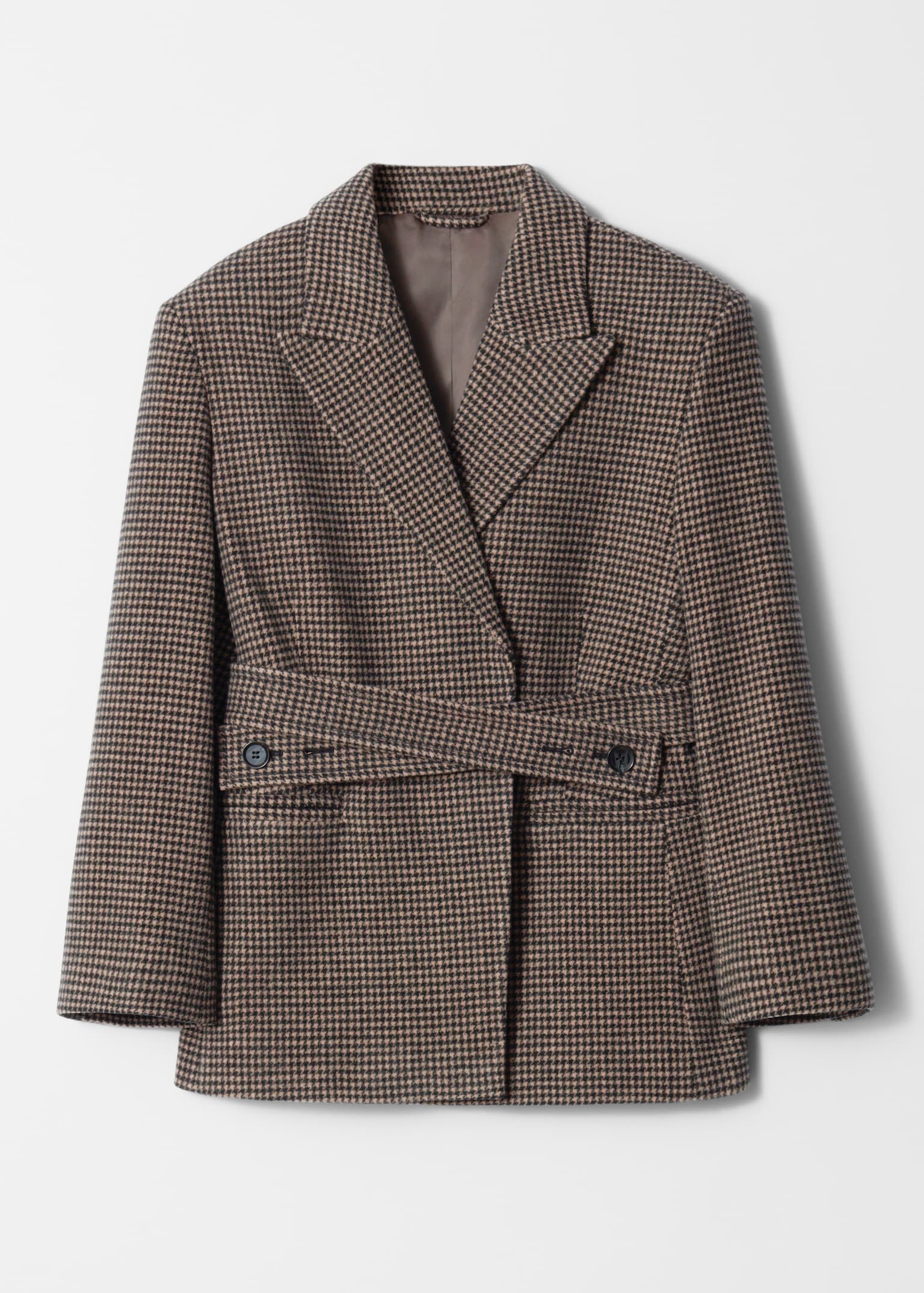 Wollblazer mit Gürtel - Braun/Hahnentrittmuster