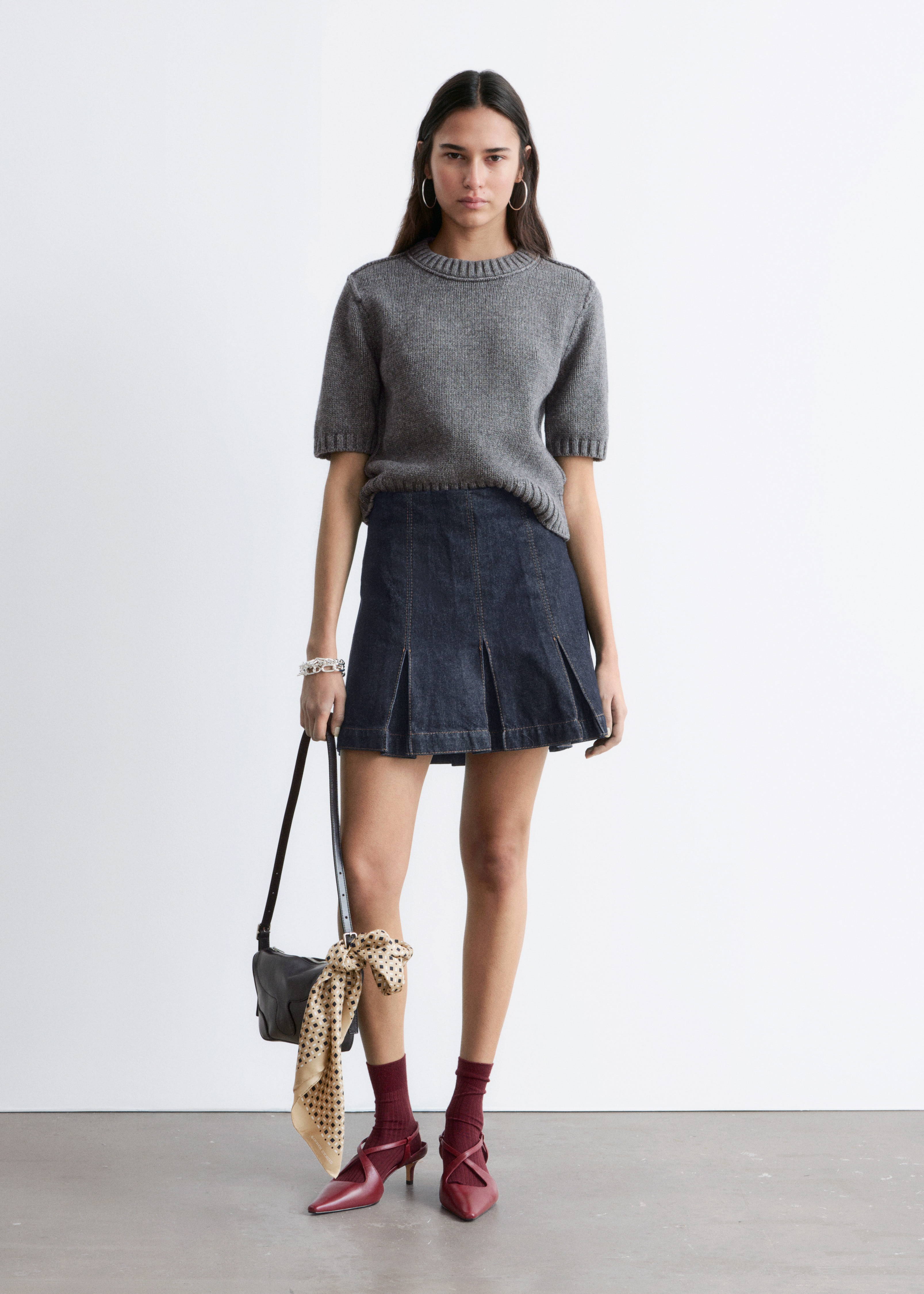 Ριπ πλεκτό T-shirt - Σκούρο Γκρι Μελανζέ/Λευκό