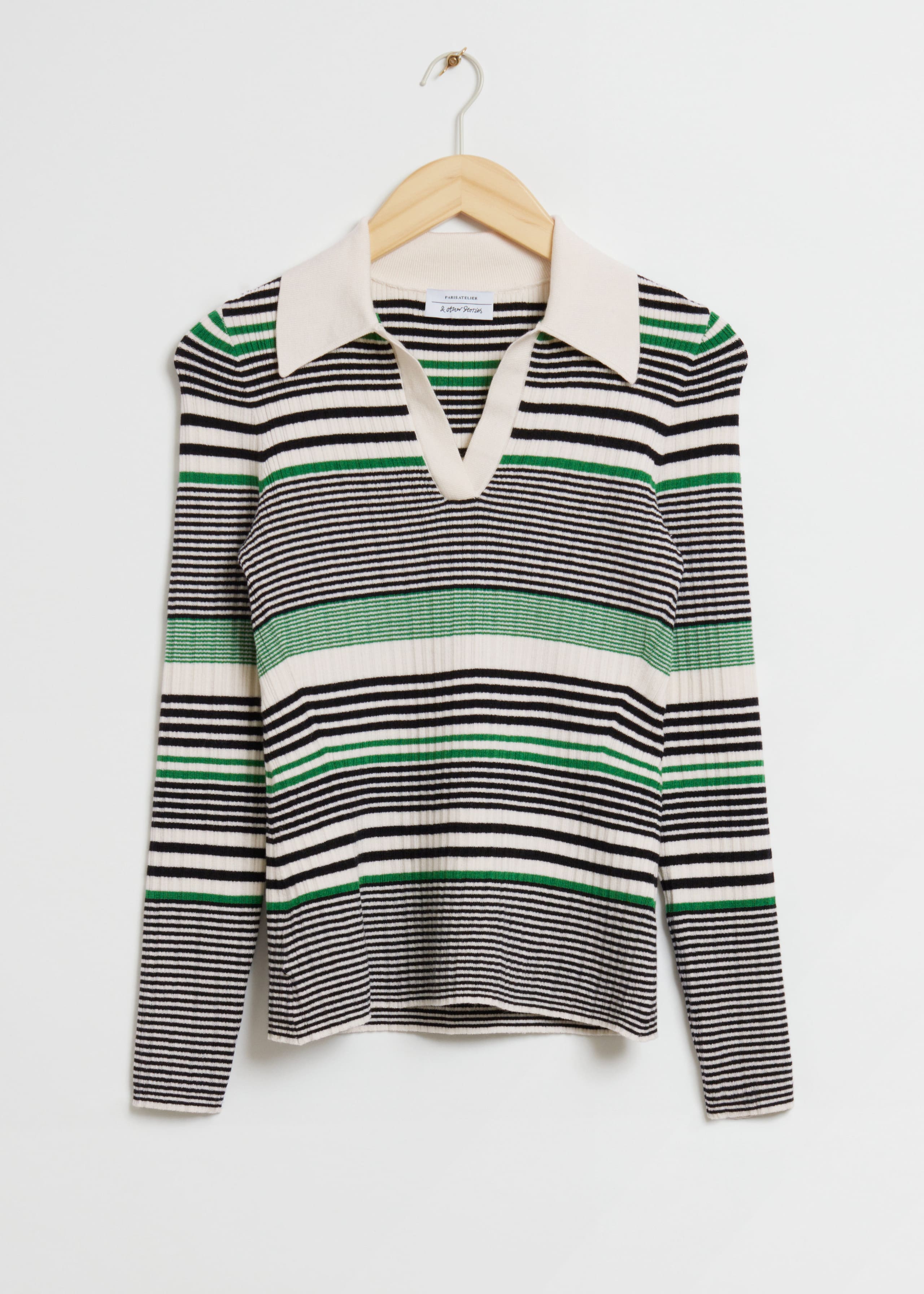 Fitted Ribbed Polo Top - Striped White - Still Life