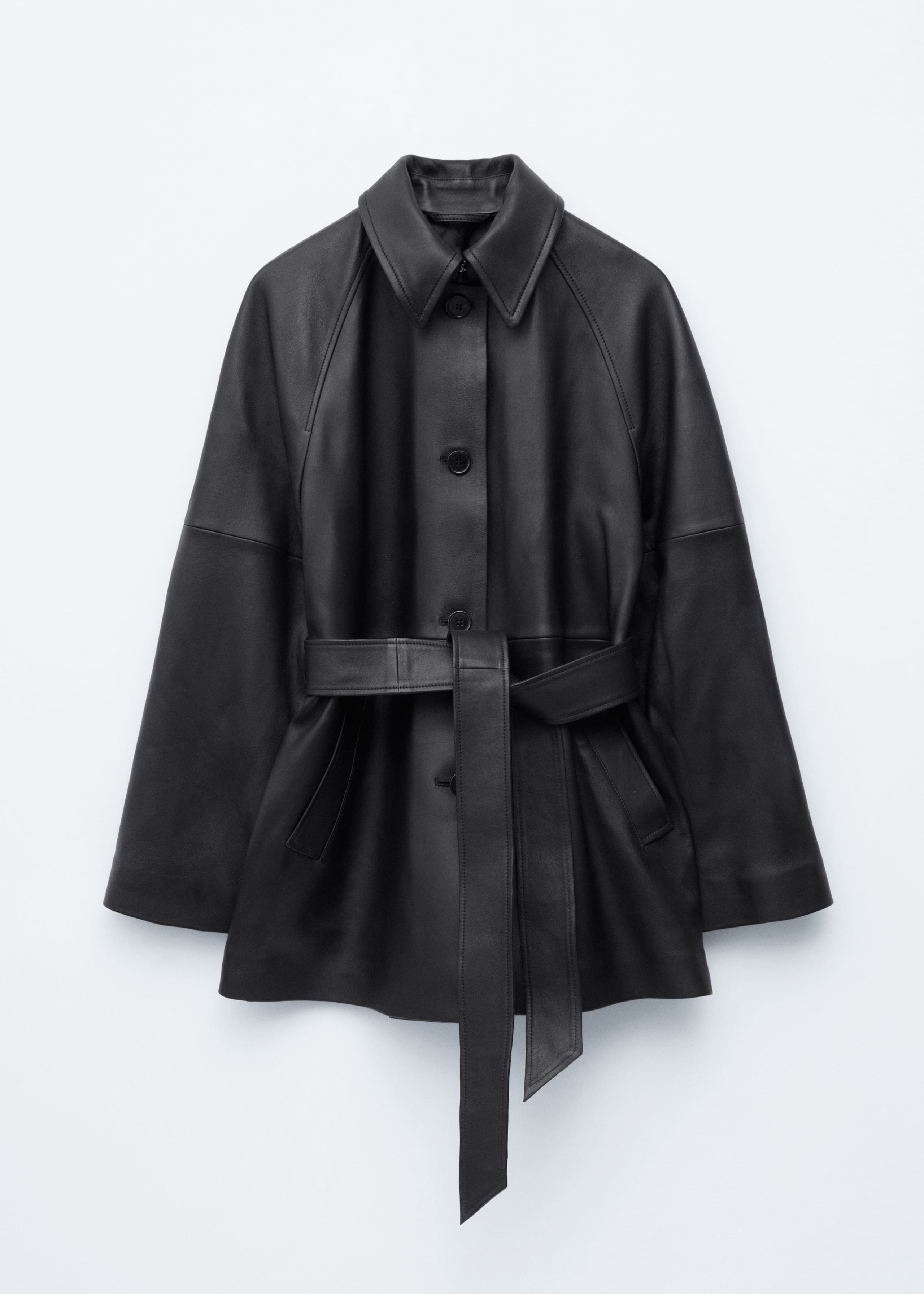 Image of Tie-Belt Leather Coat