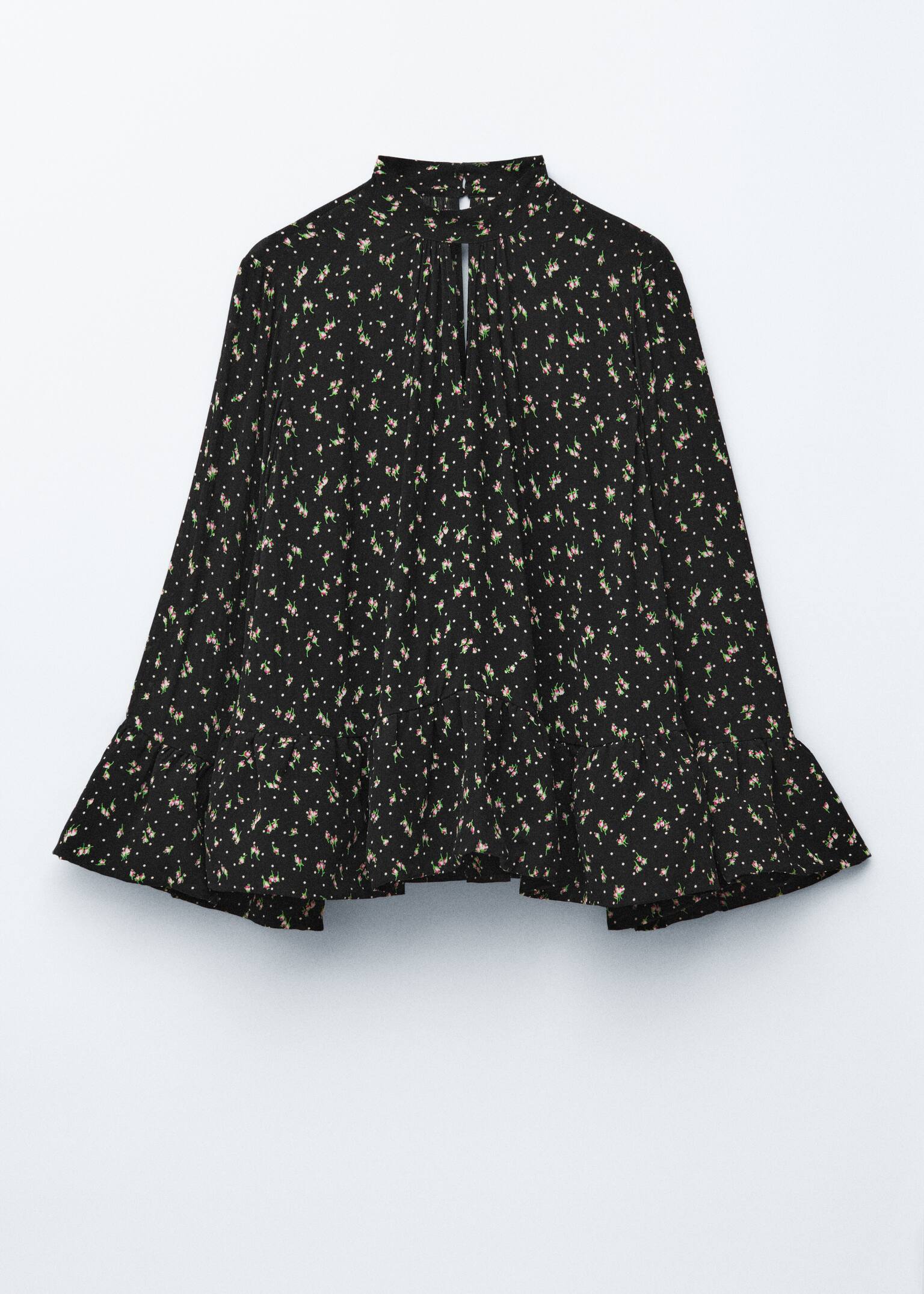 Bluză cu Guler Înalt și Volane - Negru/Floral - 2