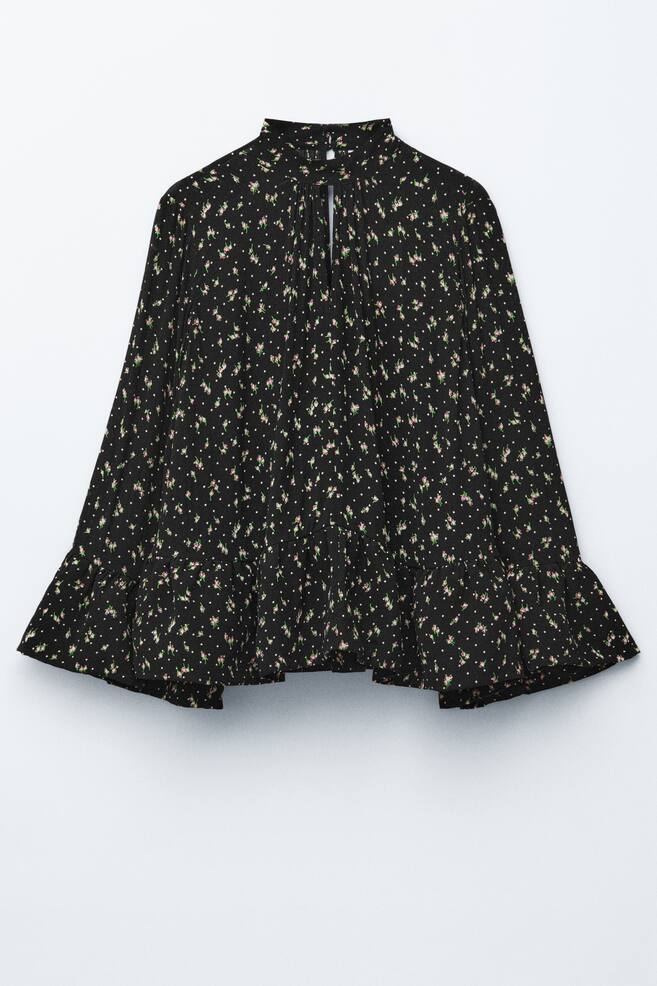 Frilled Stand-Collar Blouse - Black/Floral - 1