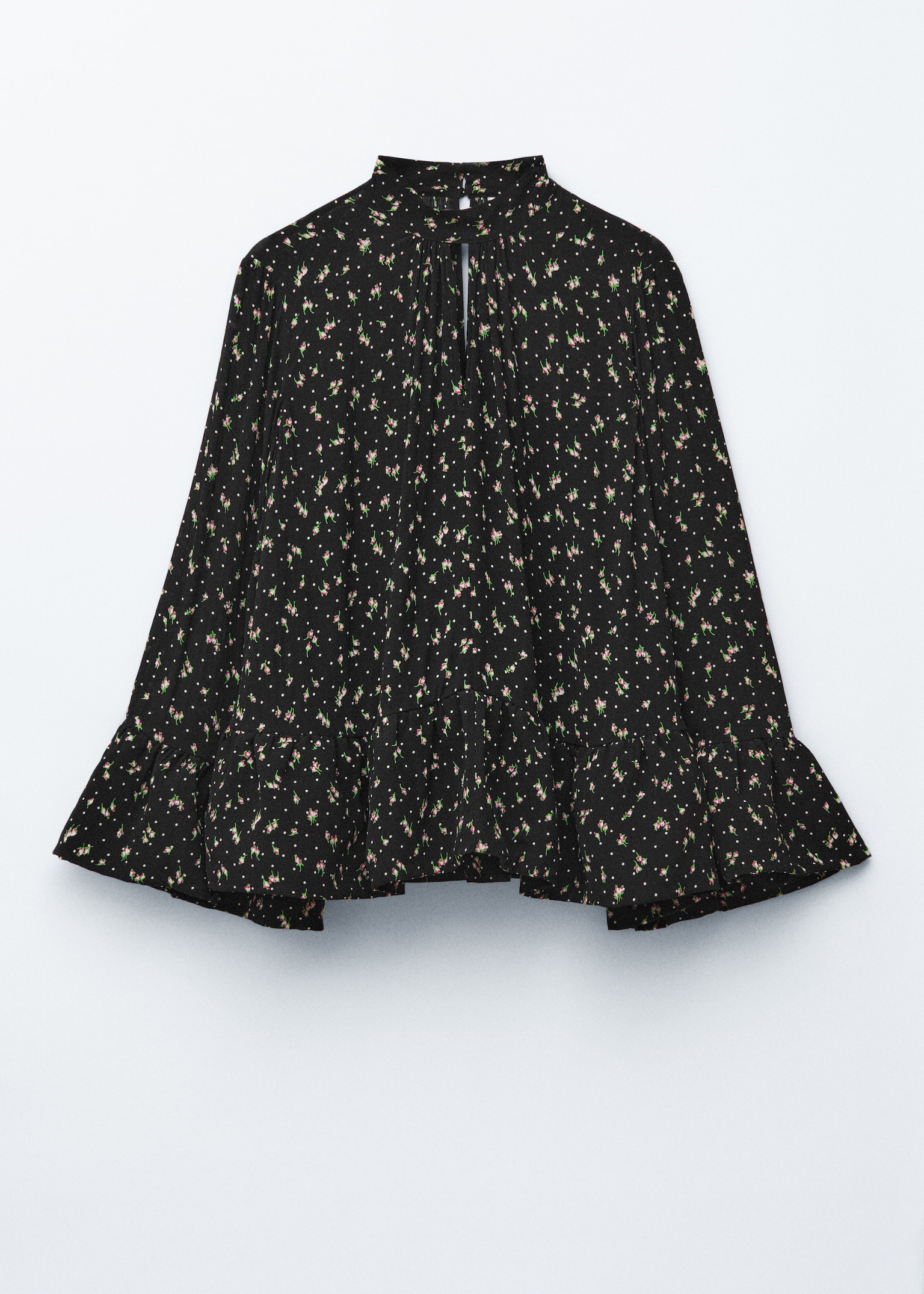 Blouse volantée à col montant - Noir à motif fleuri - 2