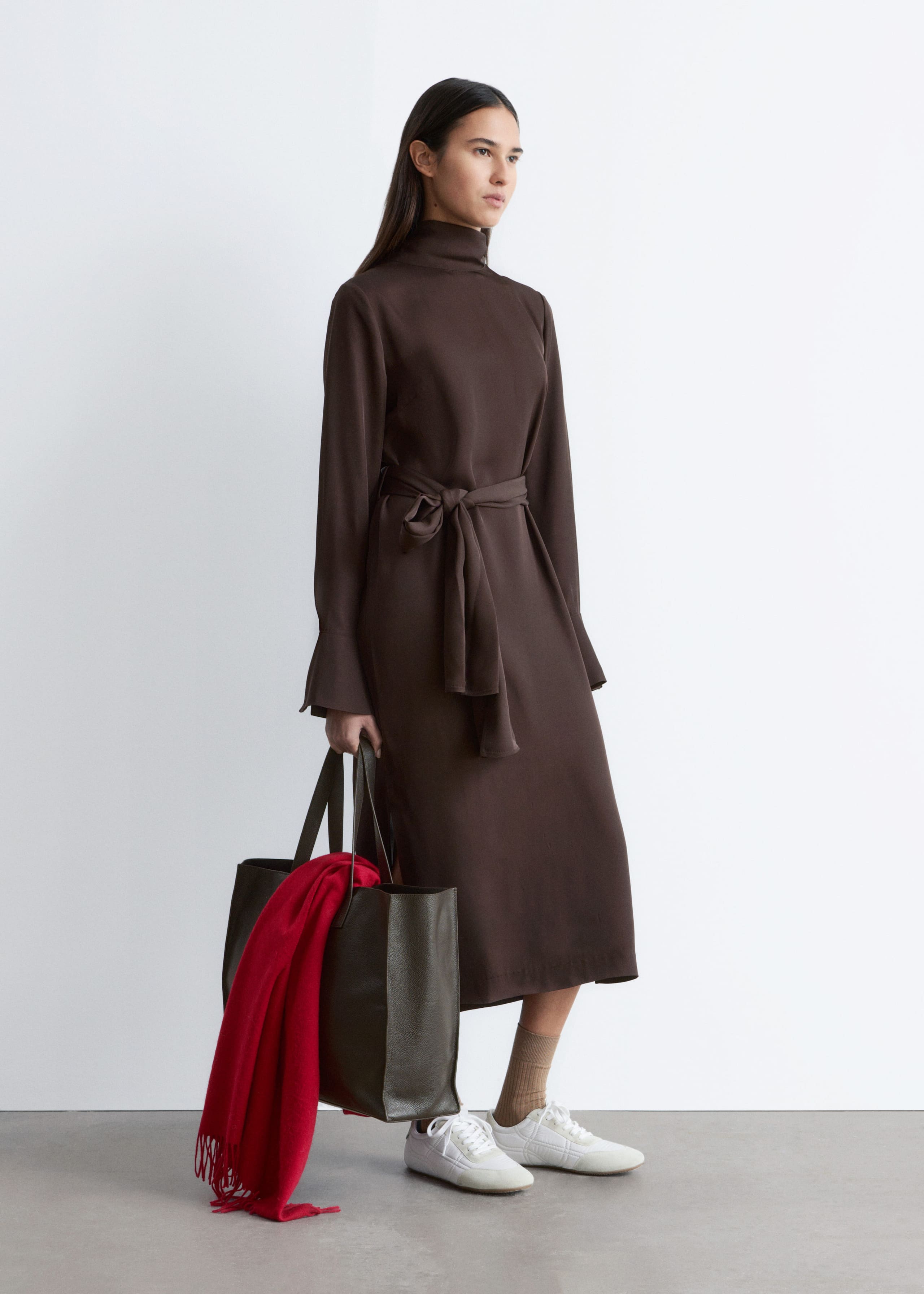 Scarf-Neck Midi Dress - Green/Micro dots - Lookbook