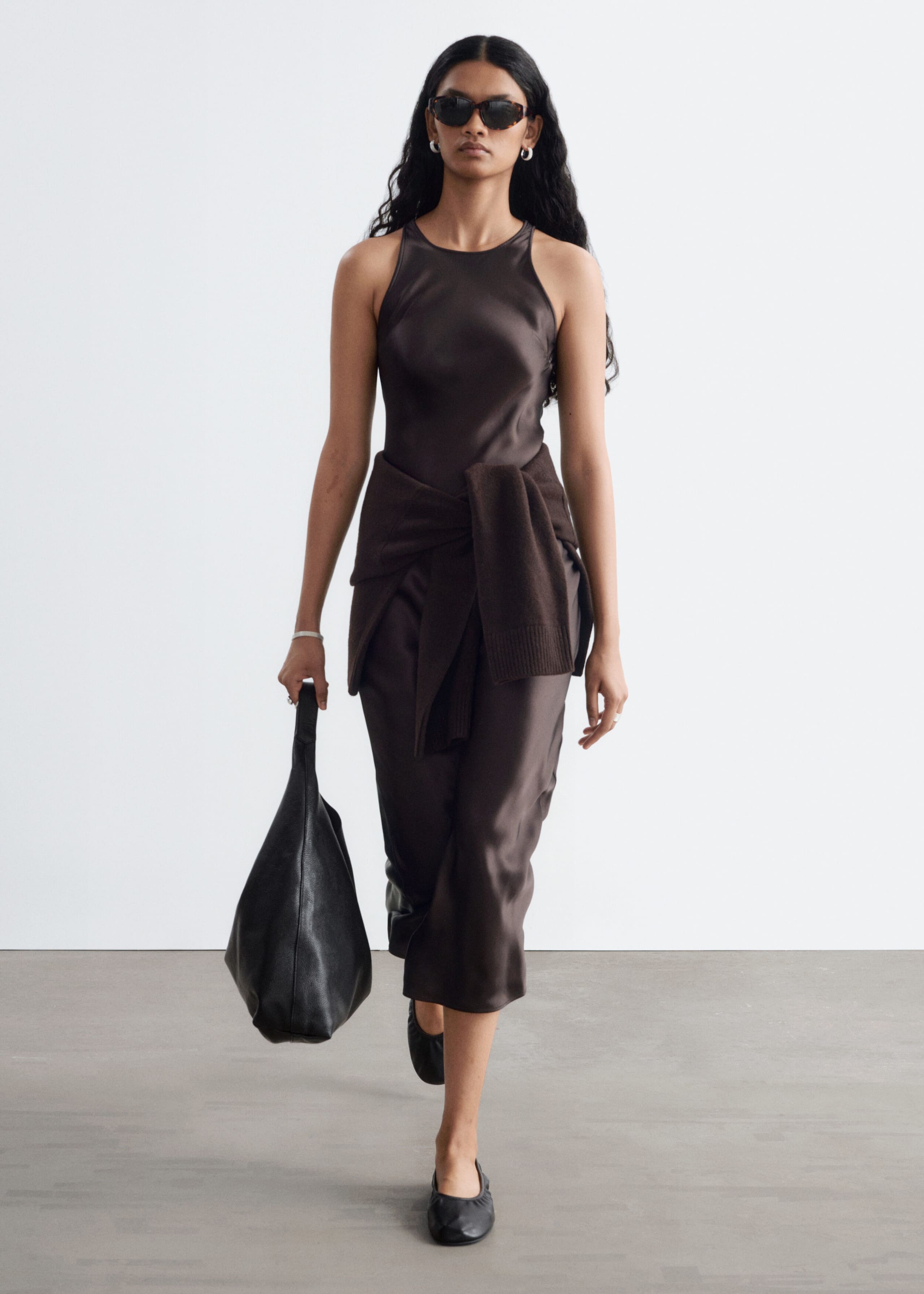 Sleeveless Satin Midi Dress - Dark Brown - Still Life