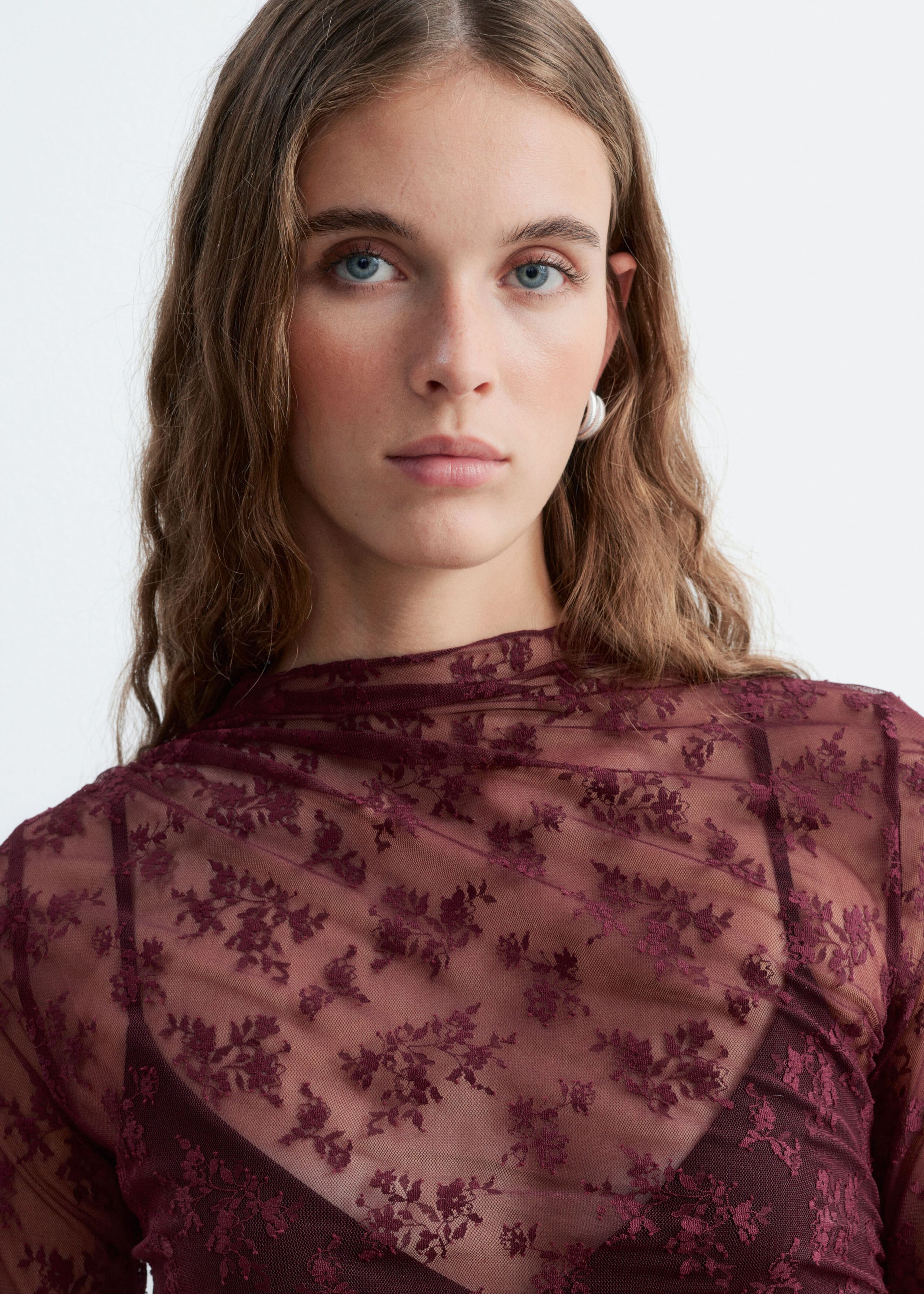 Mock-Neck Lace Top - Dark Red - Lookbook
