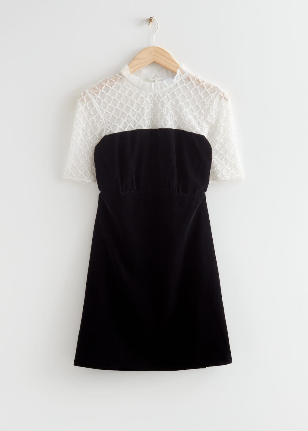 Velvet and Pearl Embellished Mini Dress - Black and White - Still Life