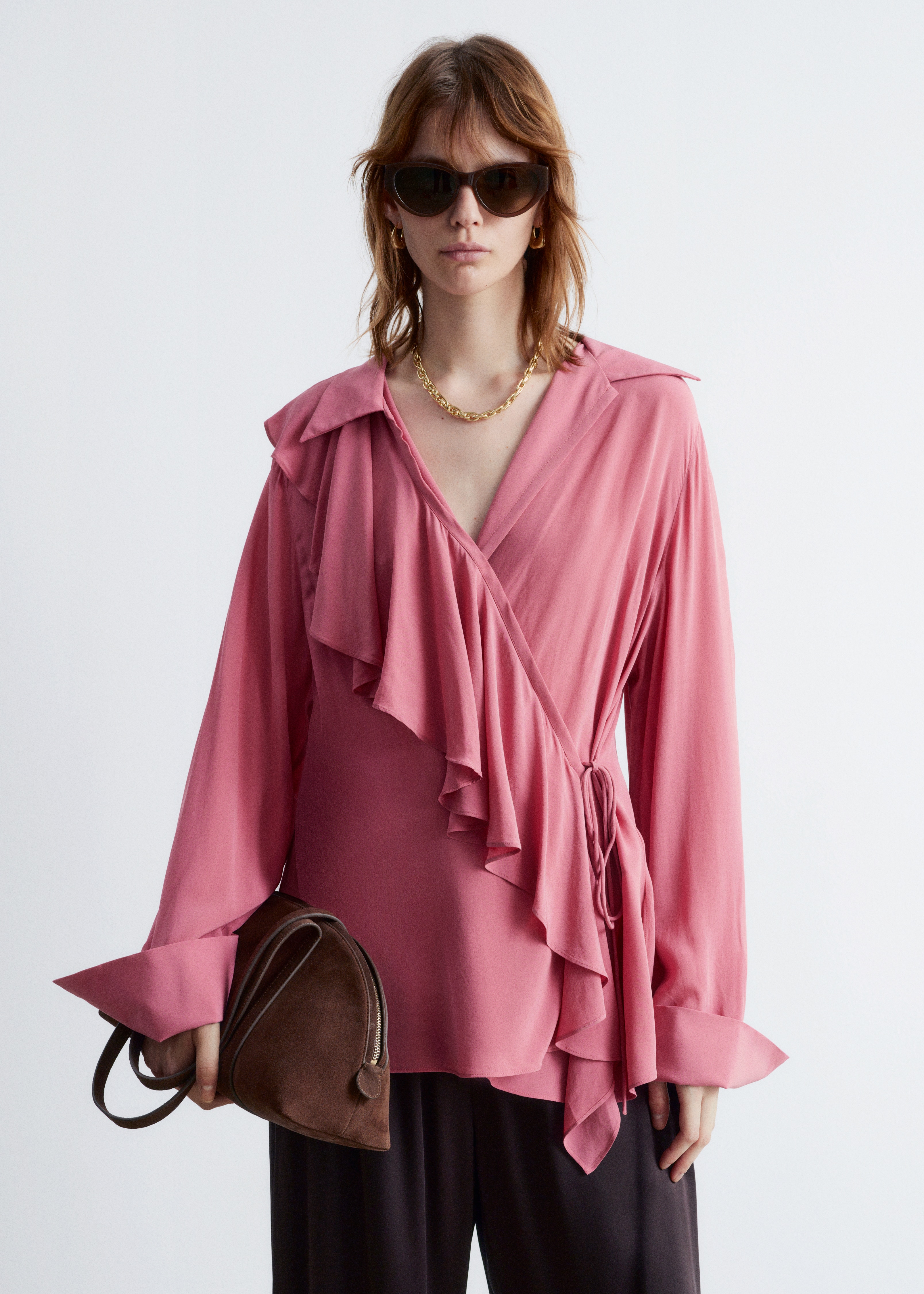 Omlottblus med volang - Mörkrosa/Ljusgul