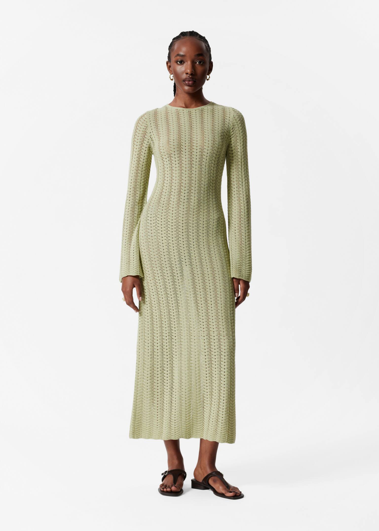 Abito midi in maglia pointelle - Verde chiaro/Bianco