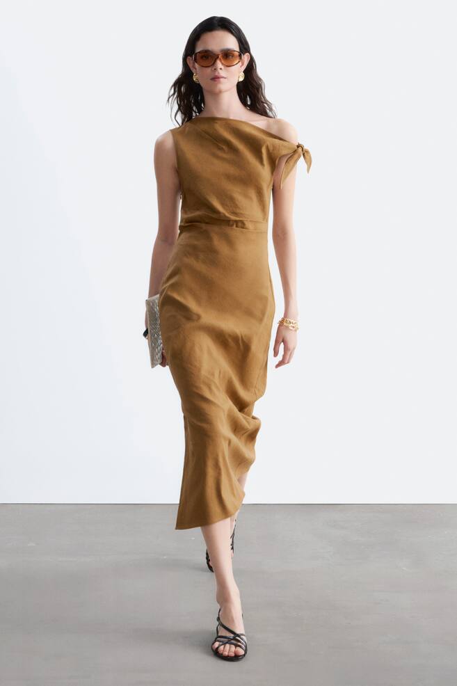 Asymmetric Midi Dress - Brown/Light Blue/Florals - 1
