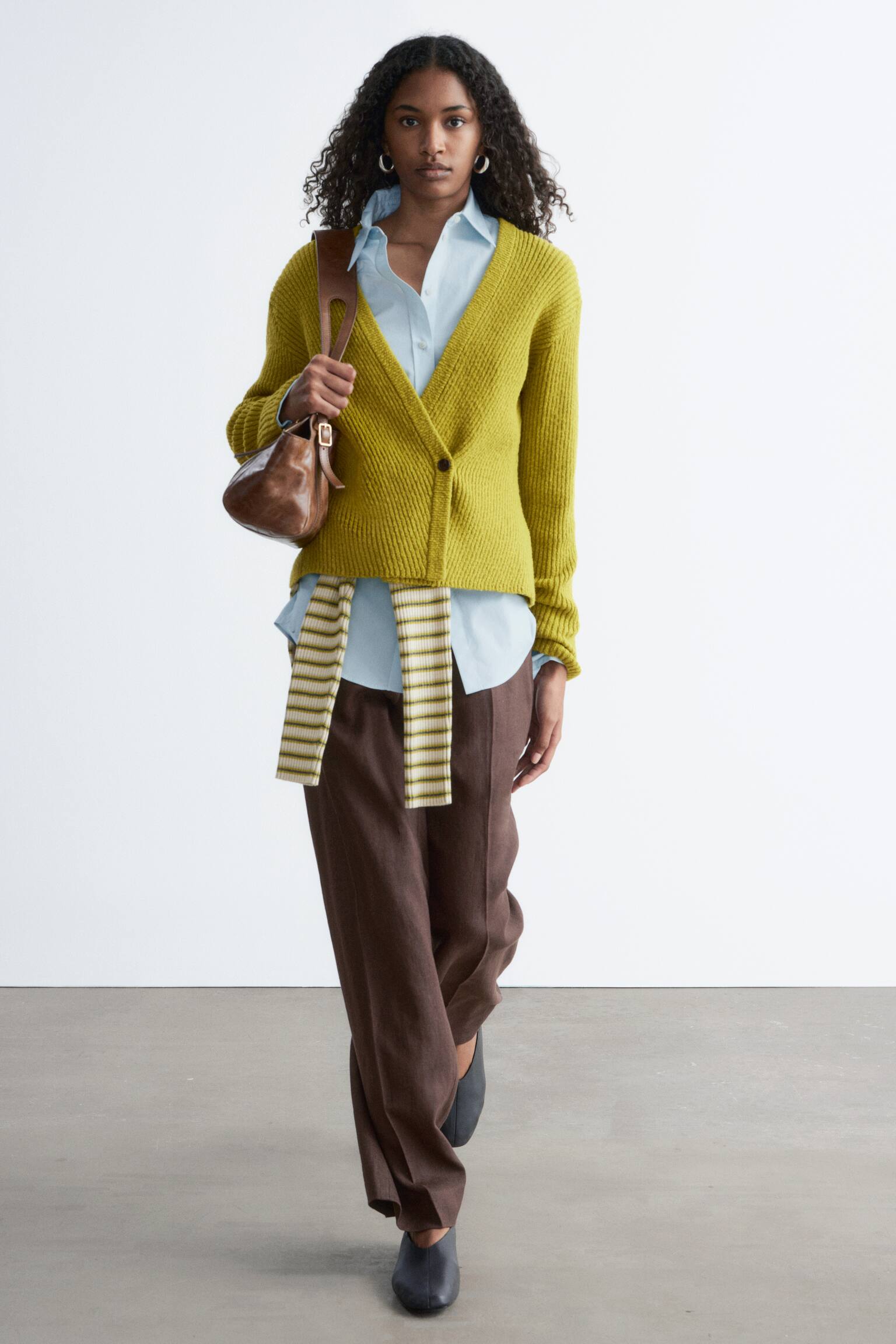 Rippstrickjacke aus Baumwolle - Chartreuse/Weiß/Grau - 7