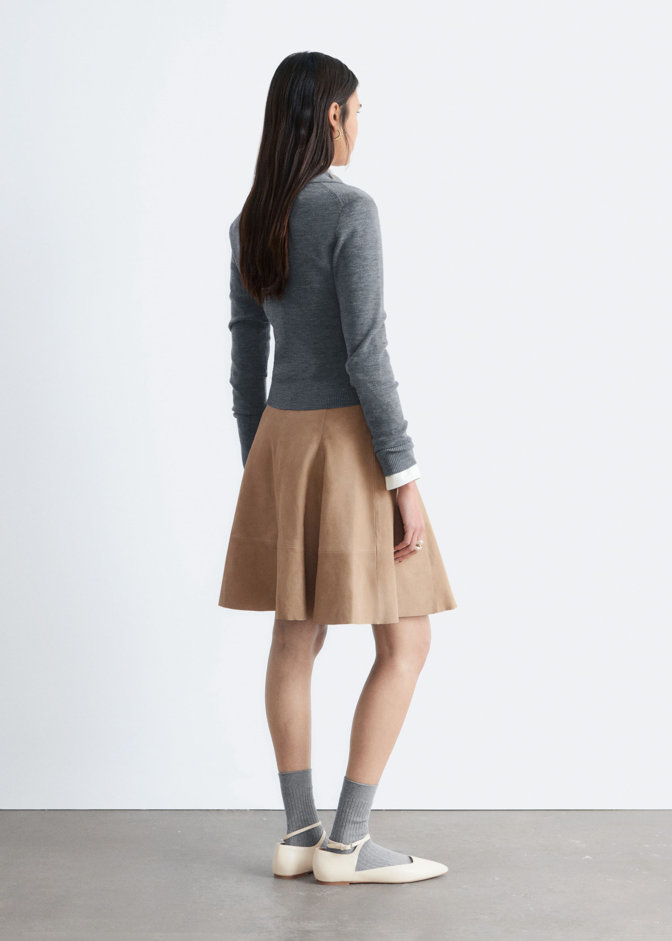Knee-length A-line Suede Skirt - Beige - Lookbook