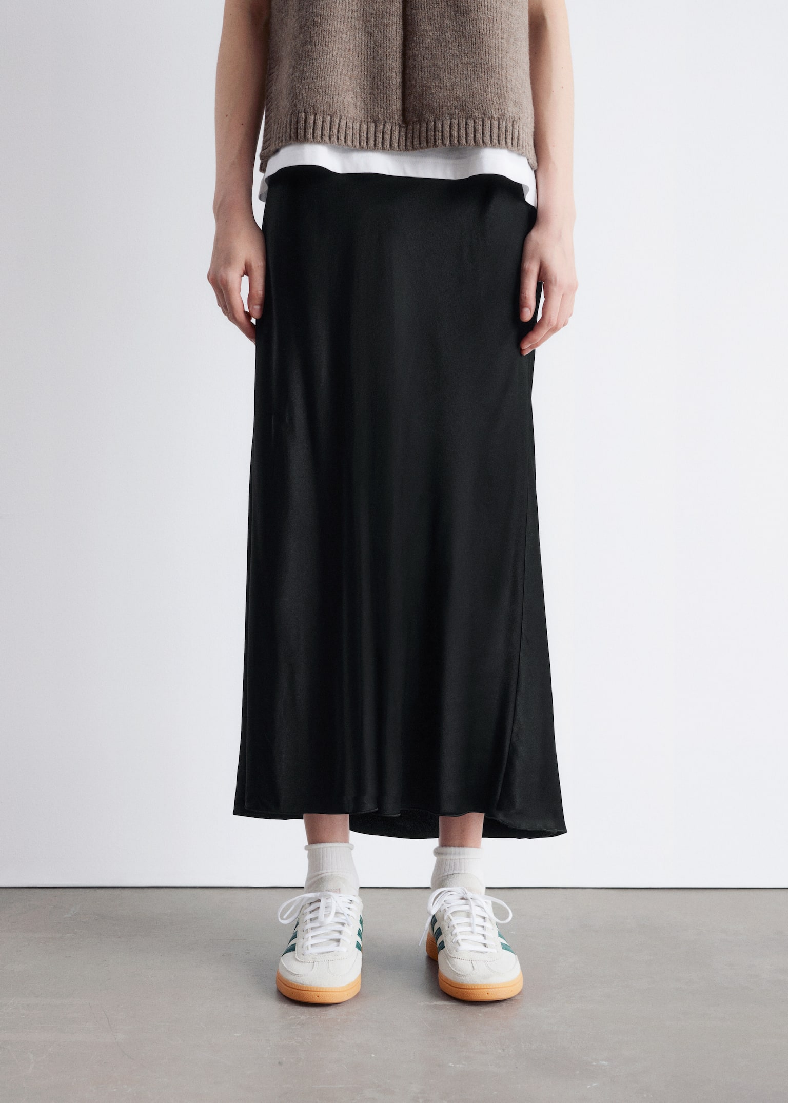 Satin Midi Skirt - Black/Dark Brown - 4