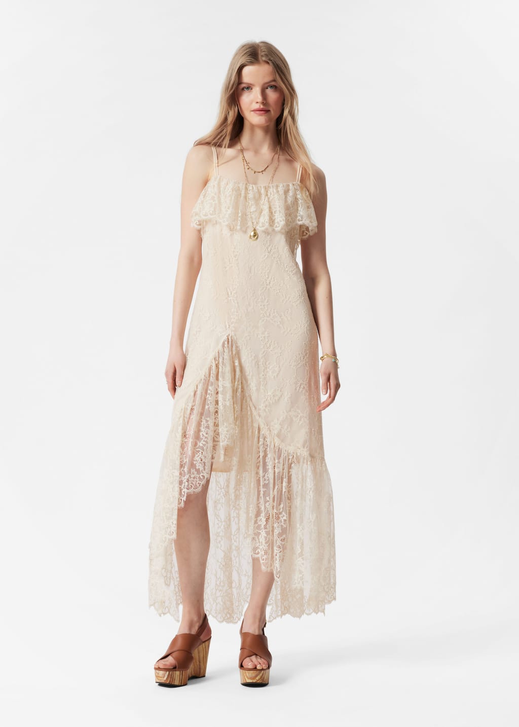Image of Vestido midi de encaje con volantes
