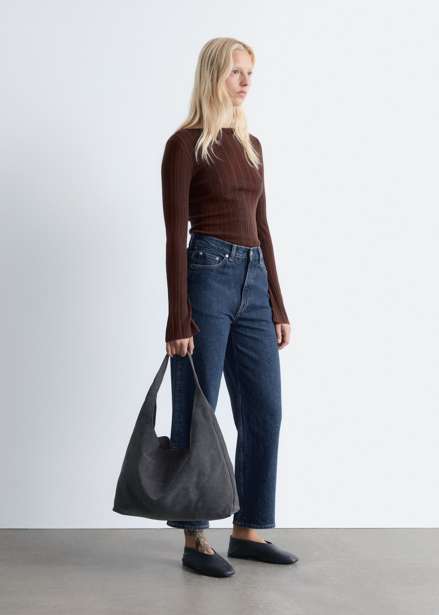 Rib-Knit Wool Boatneck Top - Dark Brown/Dark Red - 6